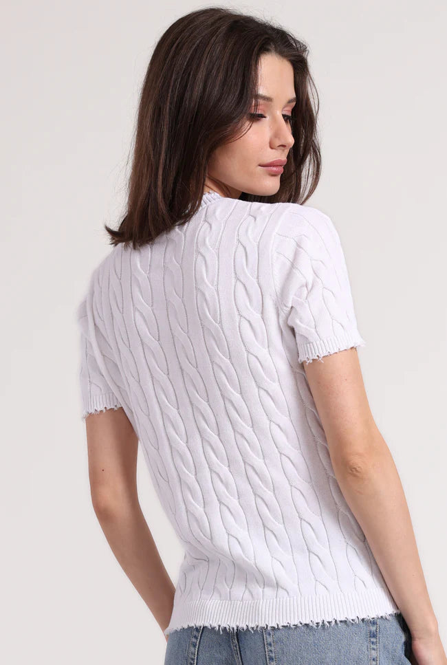 Minnie Rose Frayed Cable S/S Tee w/ Pocket - White