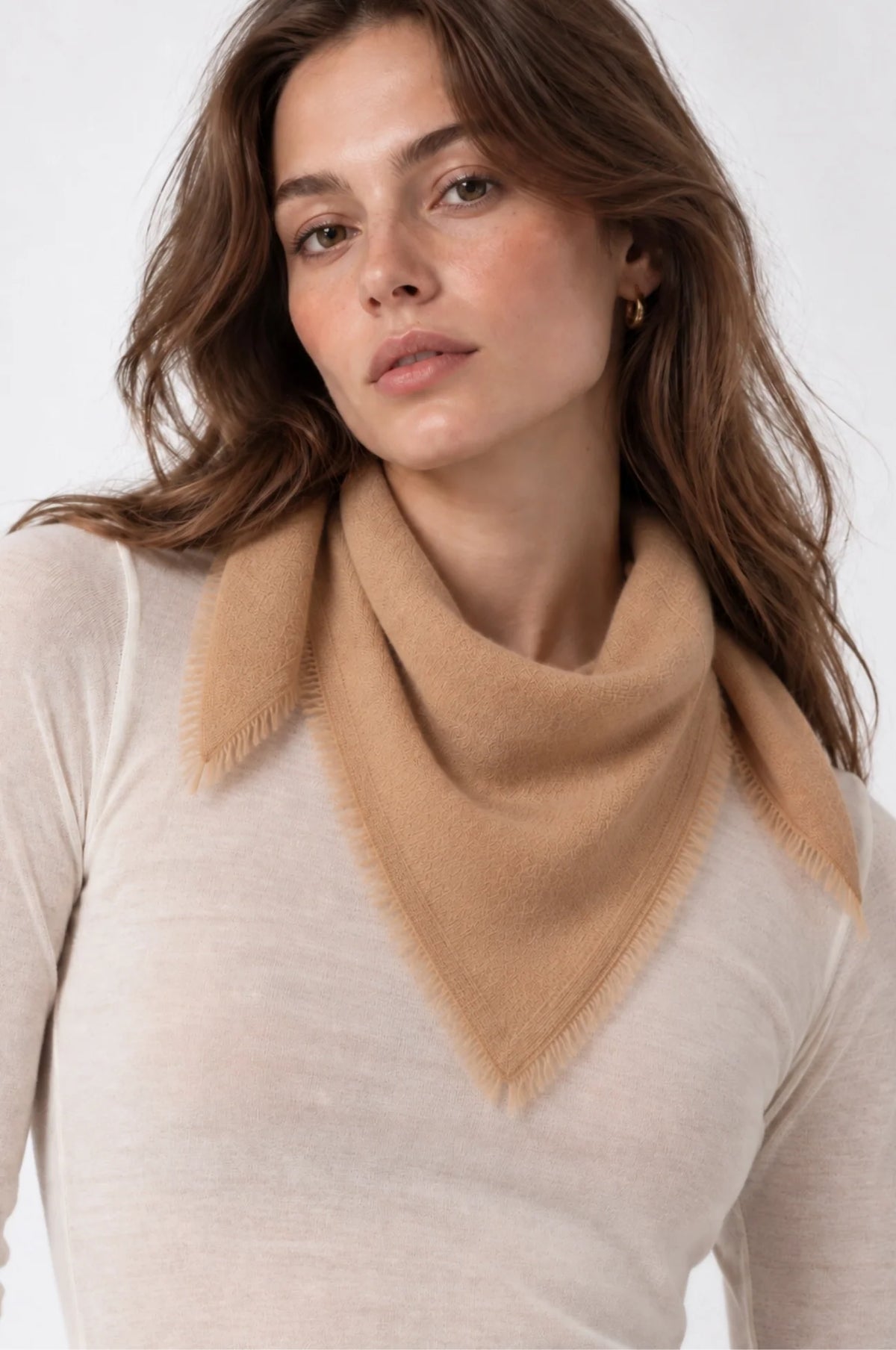 Minnie Rose Cashmere Neckerchief with Eyelash Fringe - Camel