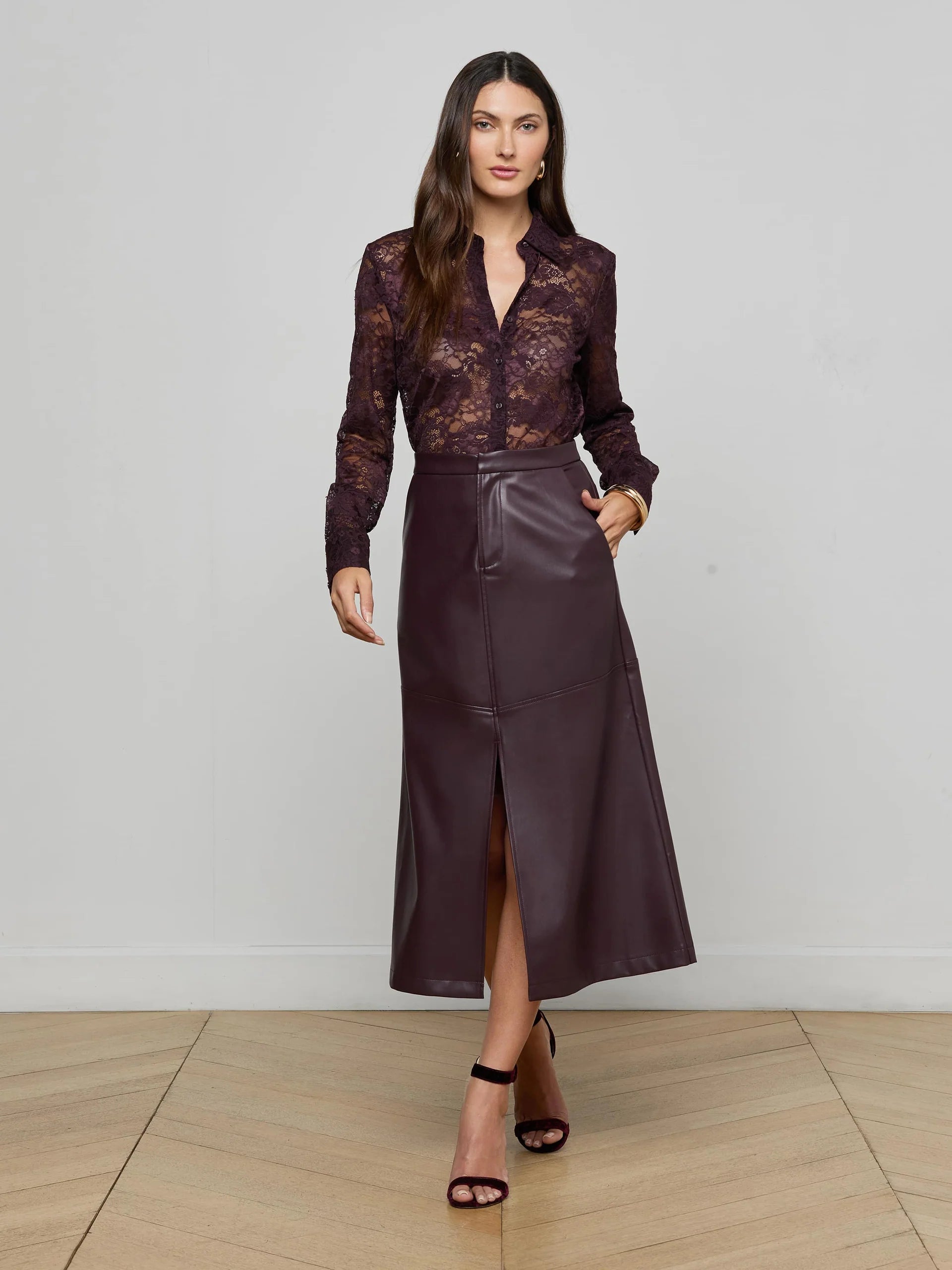 L'Agence Robyn Vegan Leather Midi Skirt