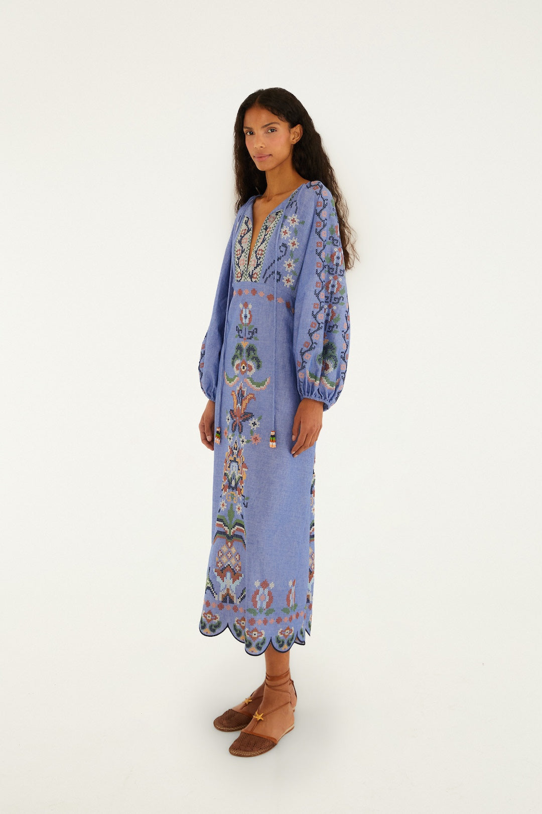 GARDEN TAPESTRY BLUE EMBROIDERY LONG SLEEVE MIDI D