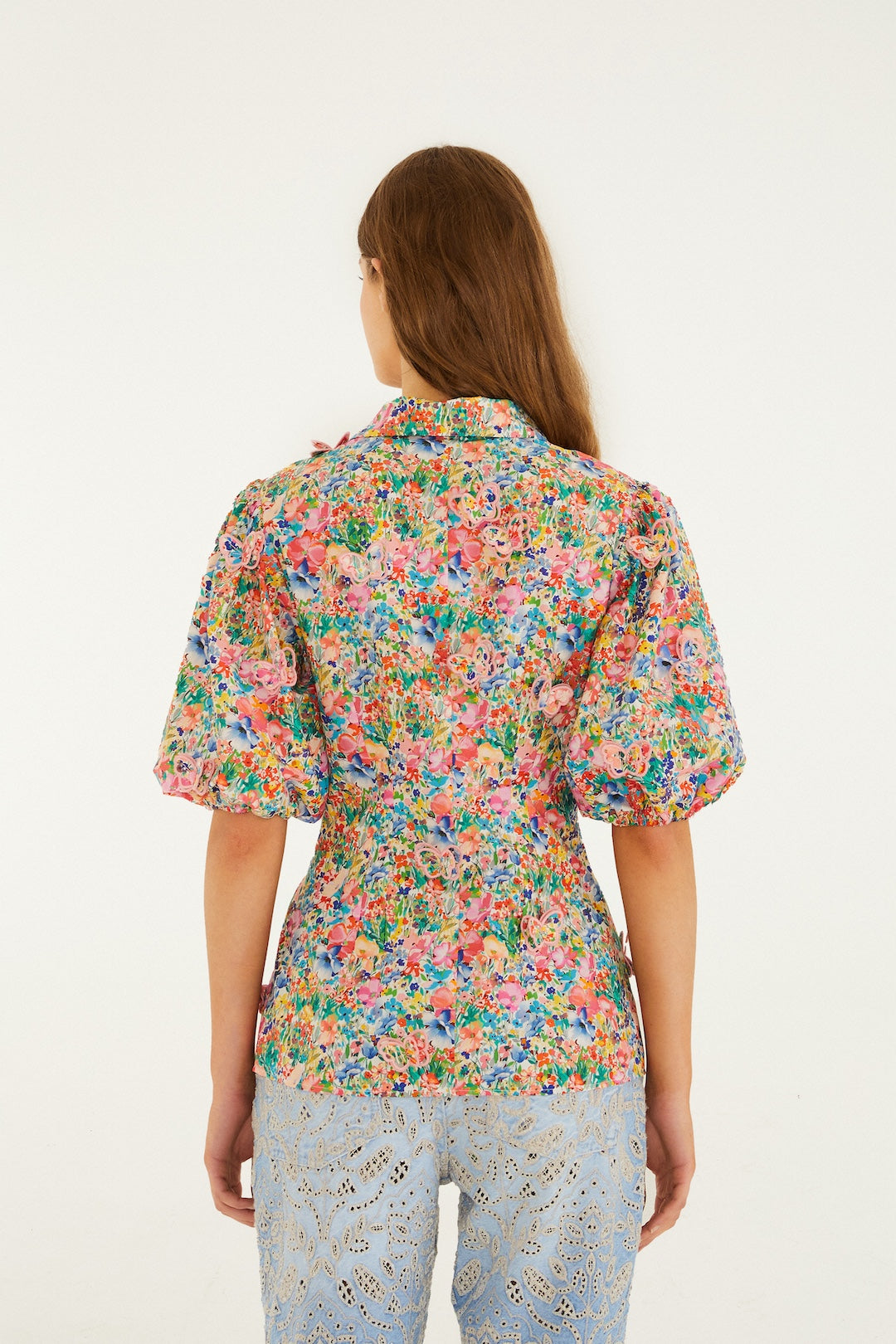 PEASANT FLORAL OFF-WHITE BUTTERFLIES BLOUSE