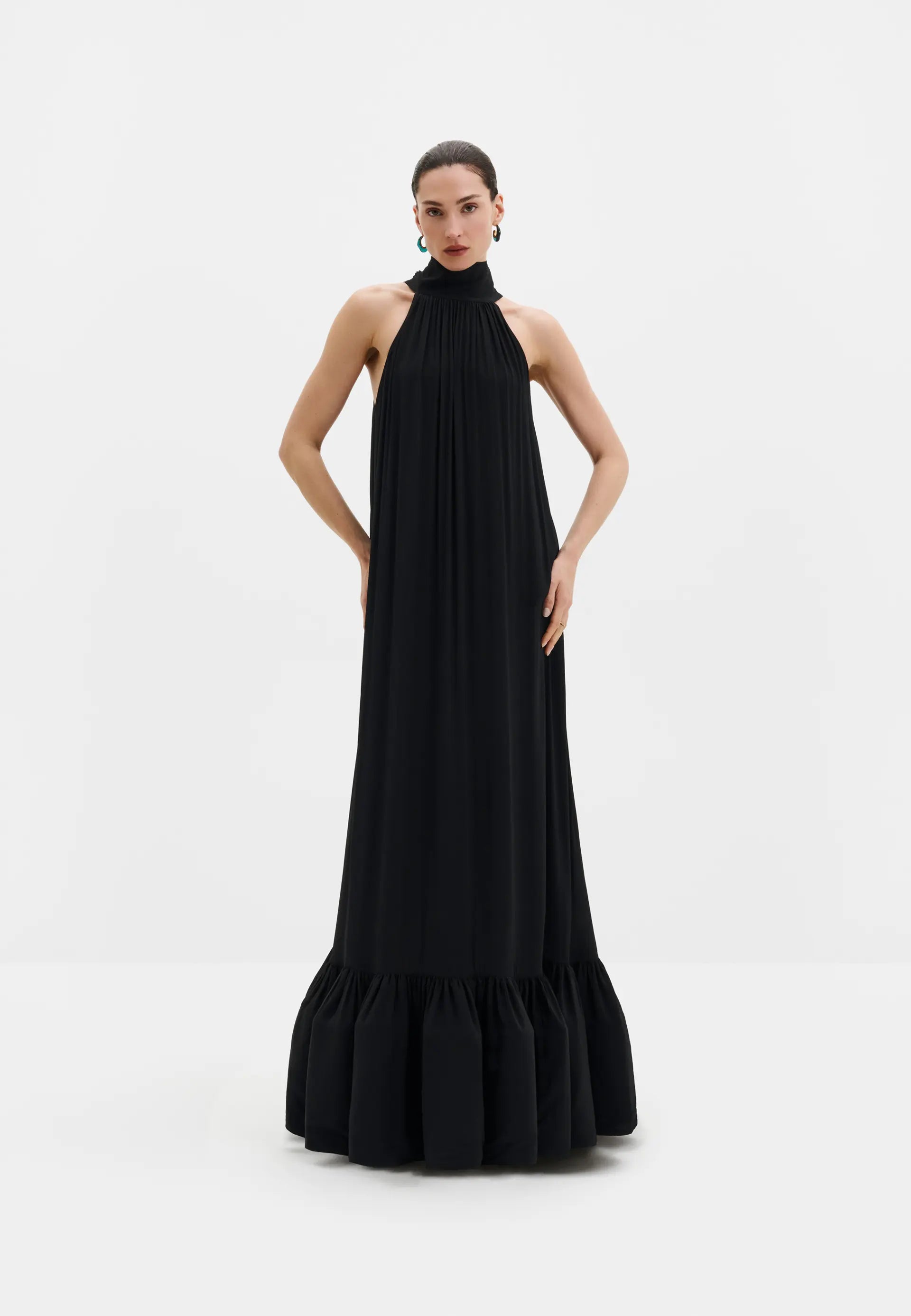 Malina Lykke Halterneck Ruffled Maxi Dress