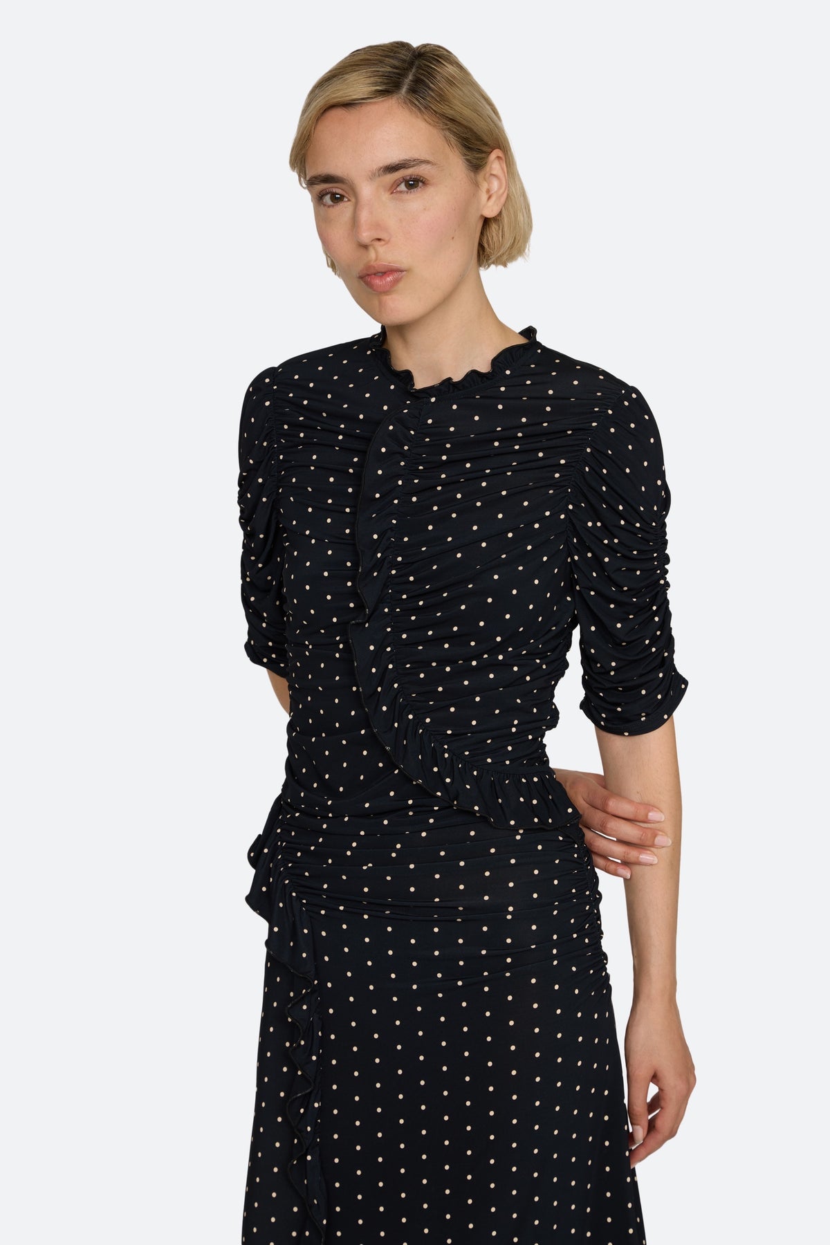 JEANNE POLKA DOT PRINT RUCHED MIDI DRESS (D1)