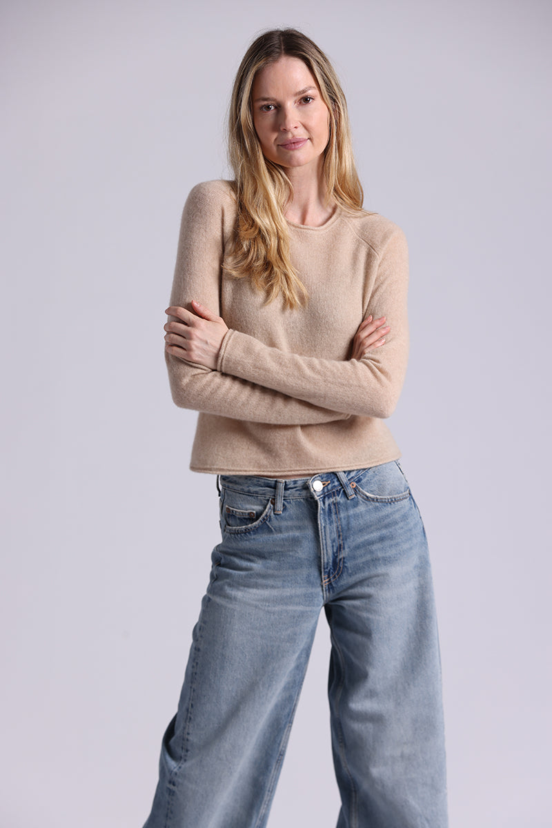 Minnie Rose Southern Cashmere Raglan Crew With Rolled Trims - Brown Sugar