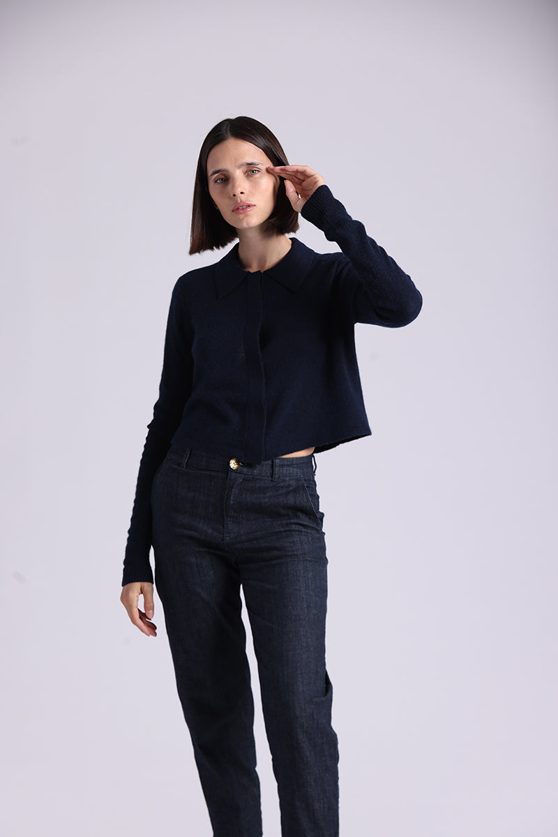 Minnie Rose Southern Cashmere Collared Cardigan - Navy