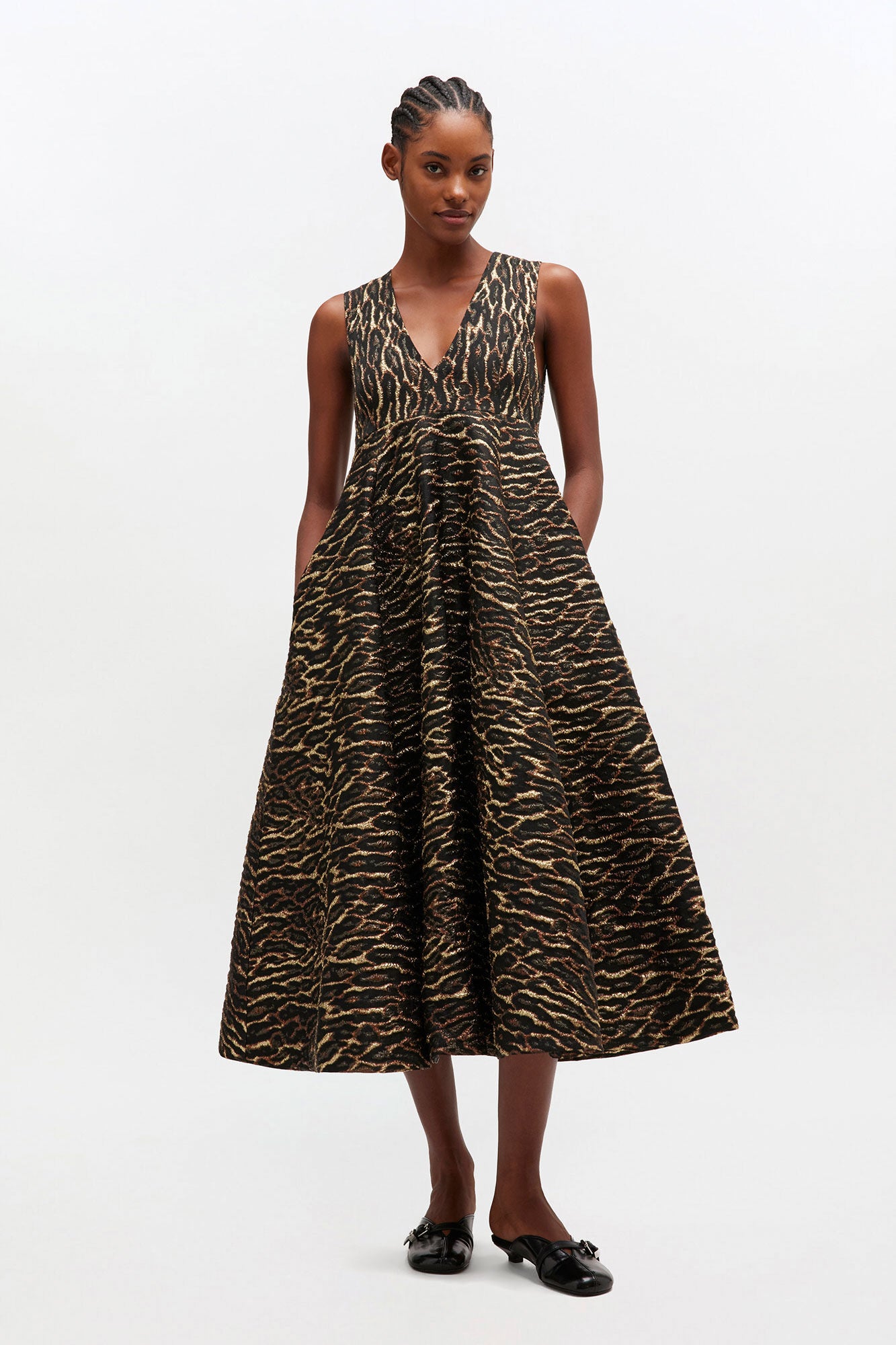 Ganni Metallic Cloque V-neck Long Dress