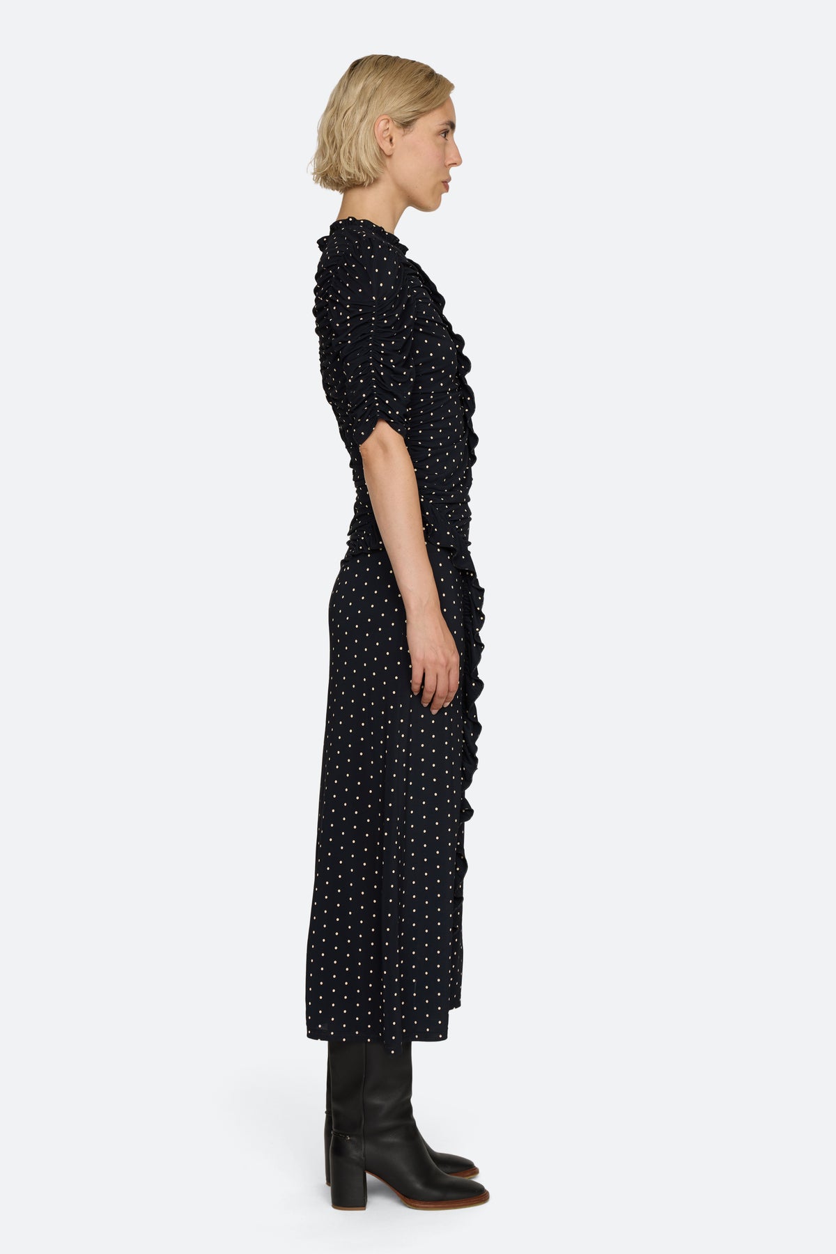JEANNE POLKA DOT PRINT RUCHED MIDI DRESS (D1)