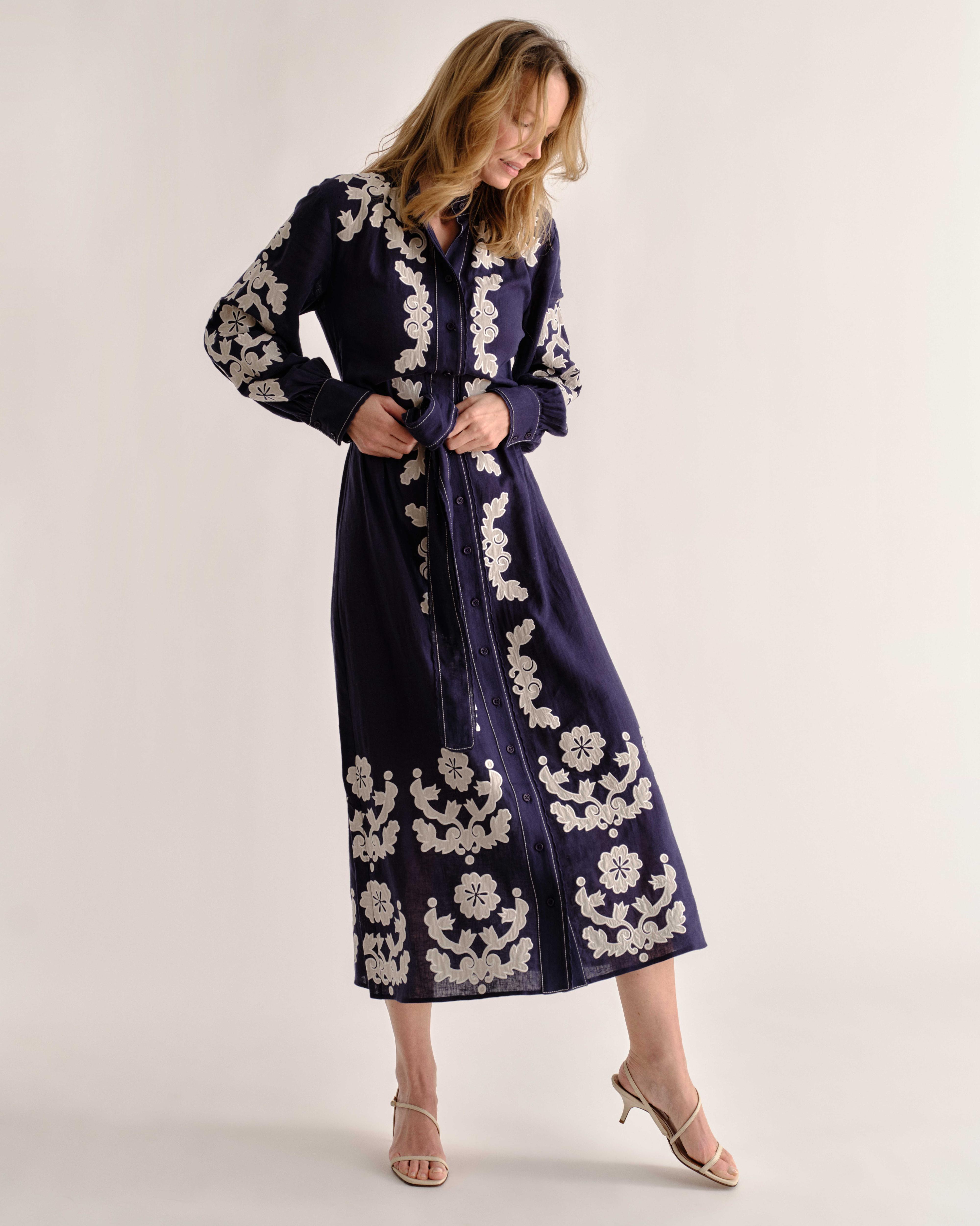 PF26 Ophelia Dress-Navy Prairie Floral Applique