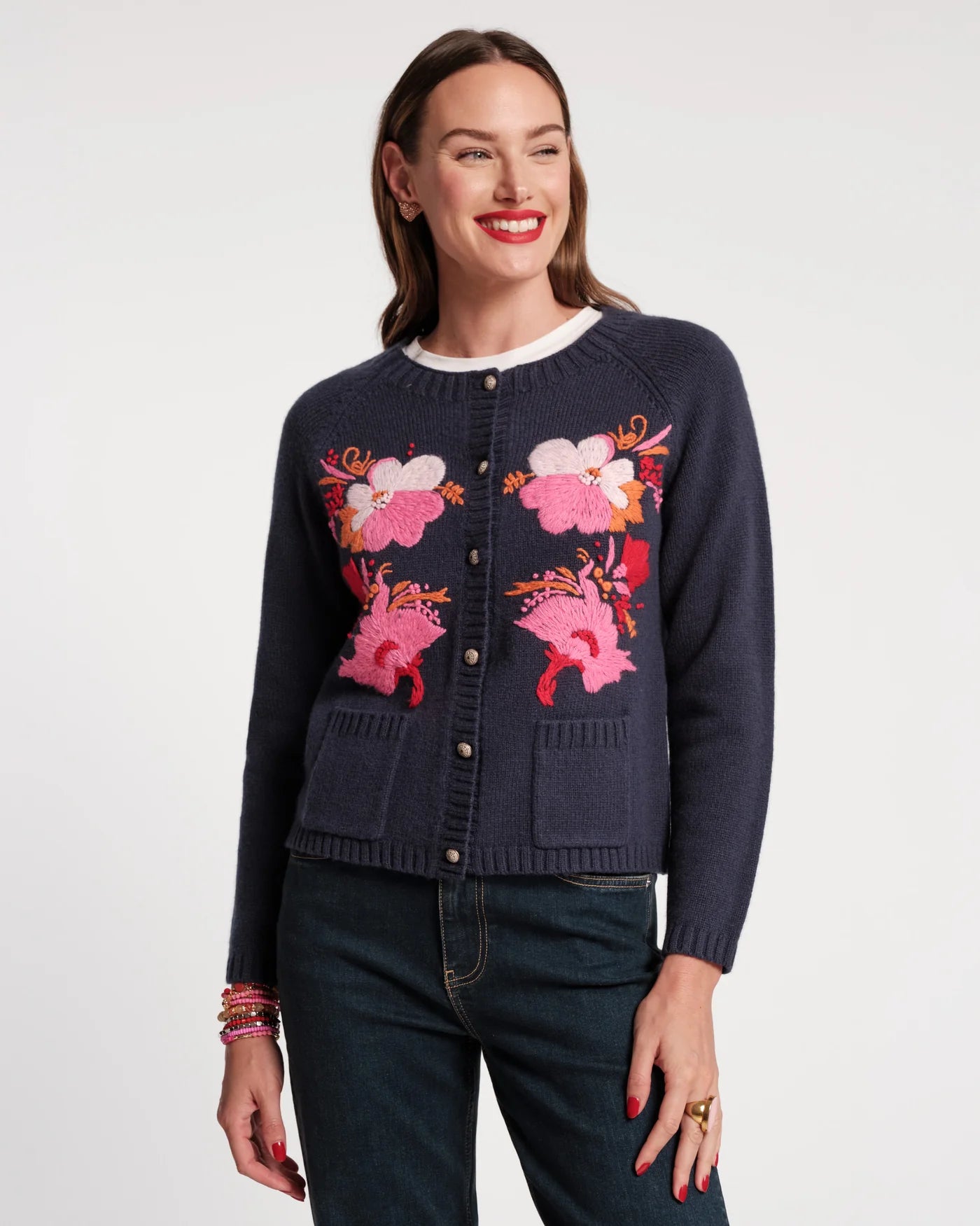 Frances Valentine Wool Tulip Bouquet Cardigan - Navy
