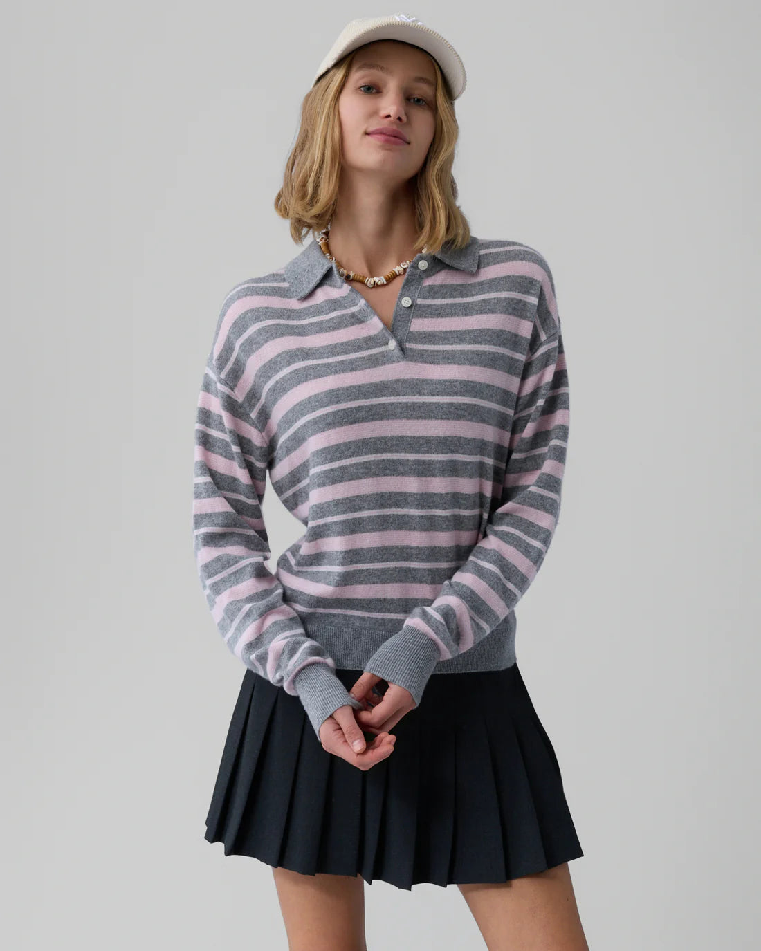 Guest In Residence Collegiate Stripe Polo - Heather Grey