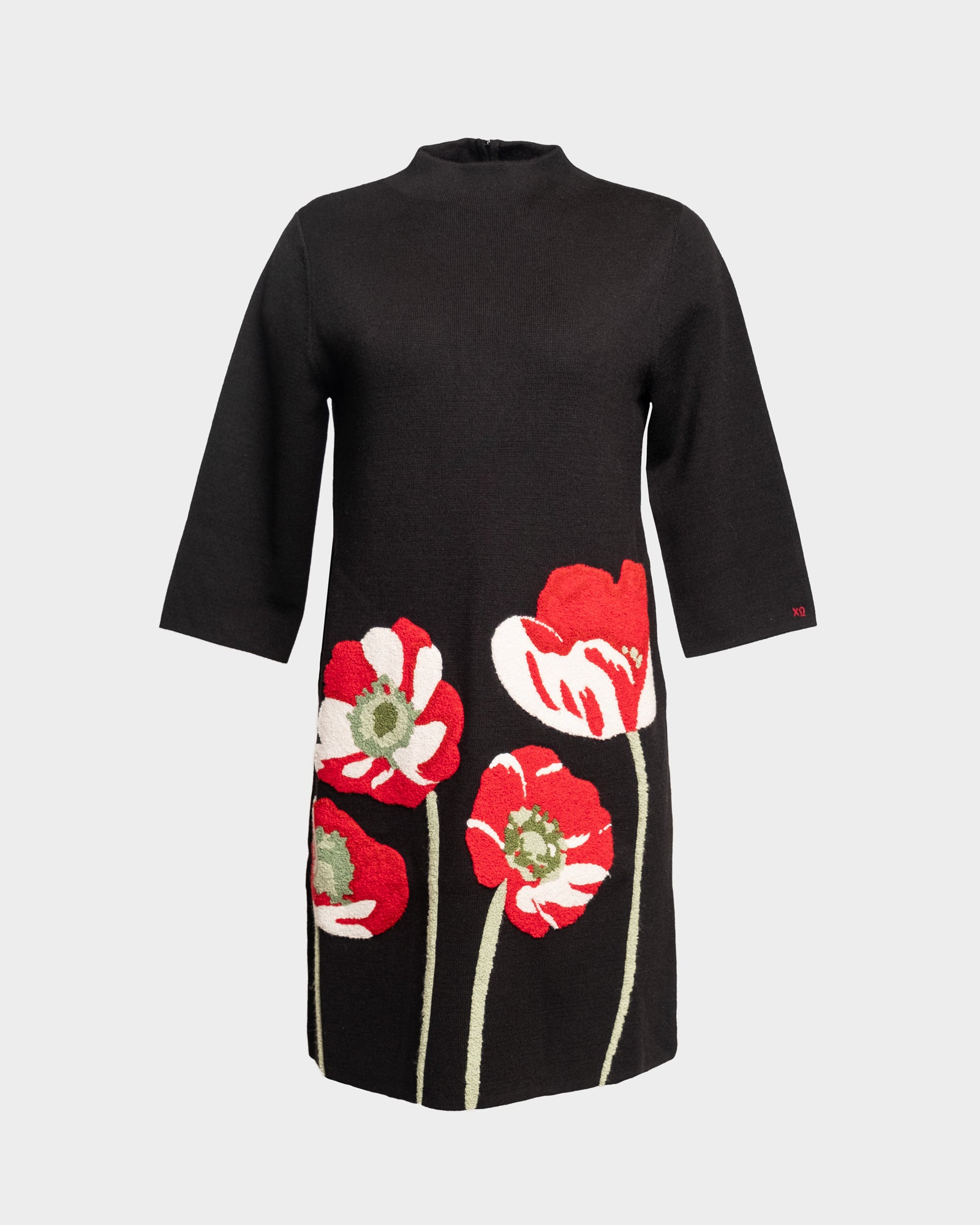 Annie Dress w/Embroidered Flowers Paradise Poppy Wool Blend Black/Red/Multi