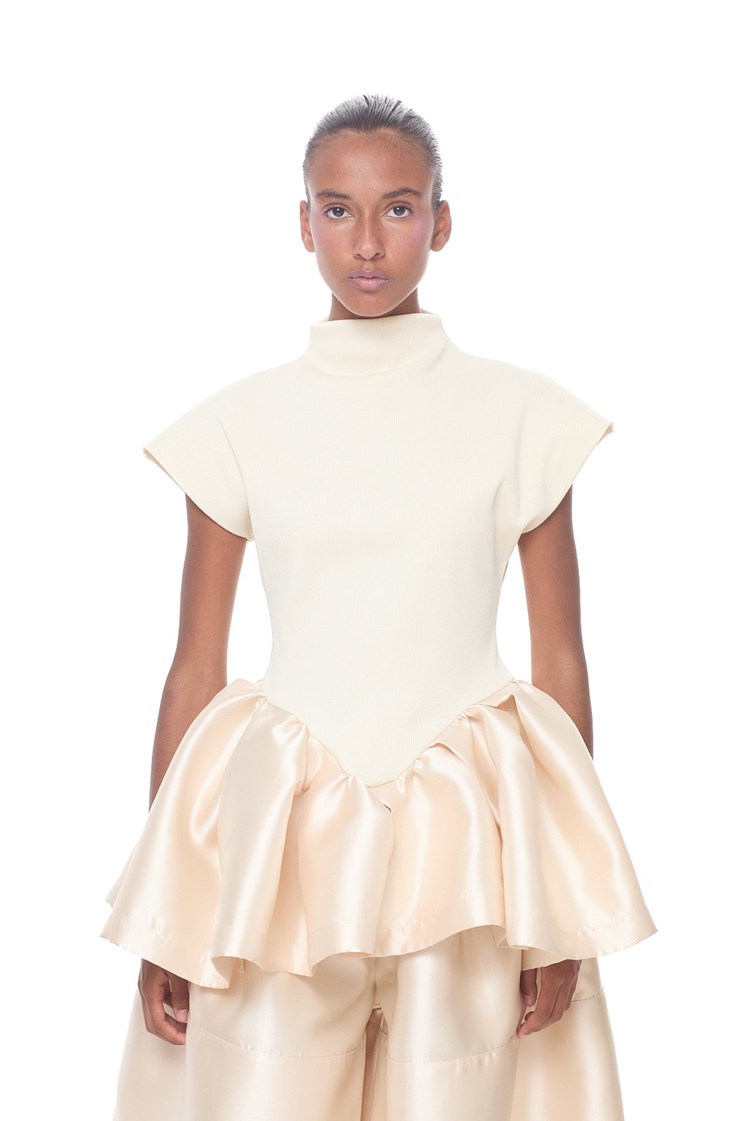 HEAVY SATIN CAP SLEEVE TOP WITH PEPLUM
