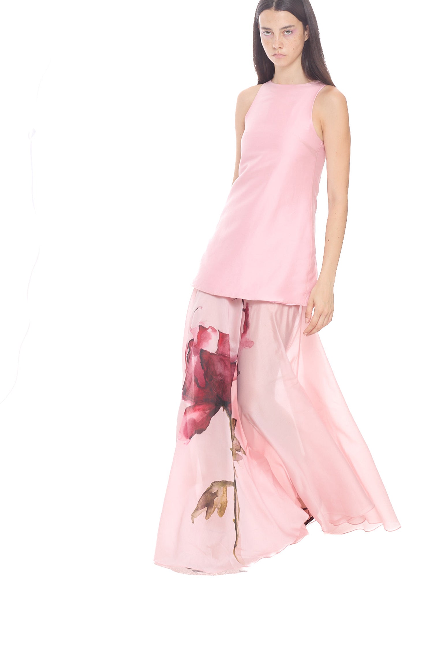 WATERCOLOR FLOWER PRINTED HALTER NECK LONG DRESS