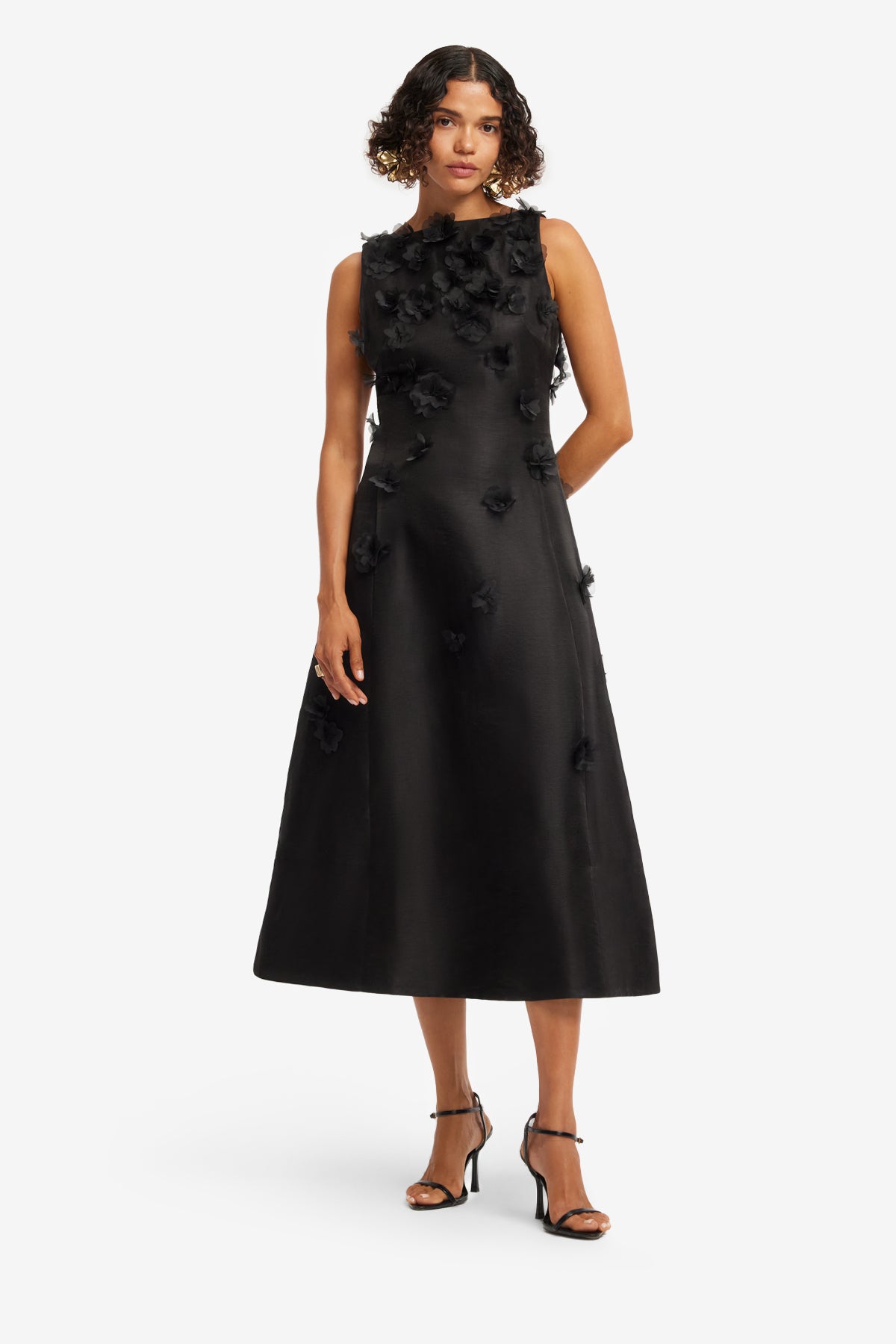 Cleo Petal Sleeveless Midi Dress - Ebony