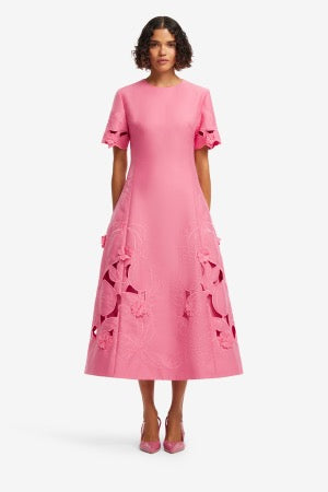Caroline Applique Short Sleeve Midi Dress - Fuchsia