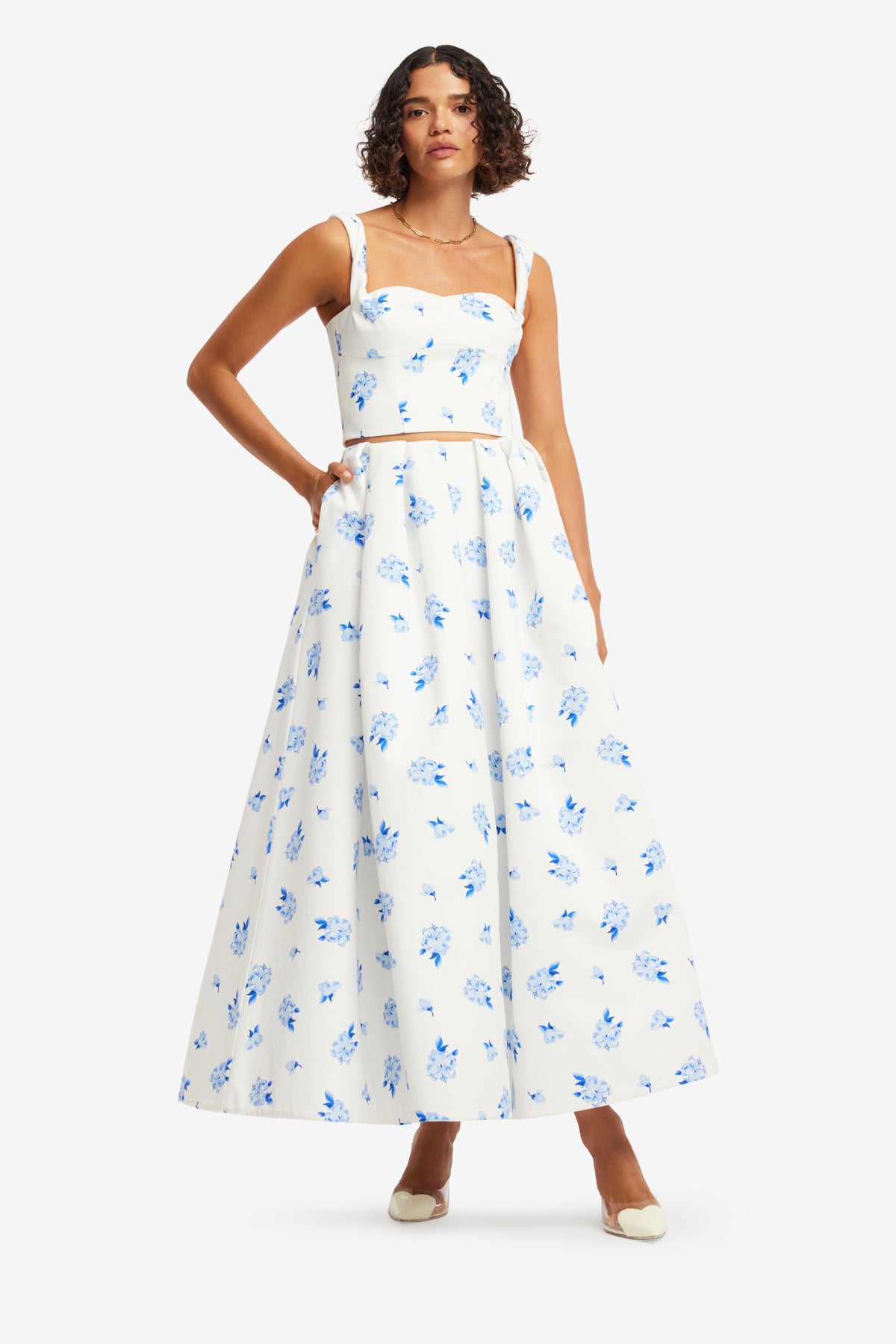 Victoria Puff Maxi Skirt - Ditsy Floral Print in Snow