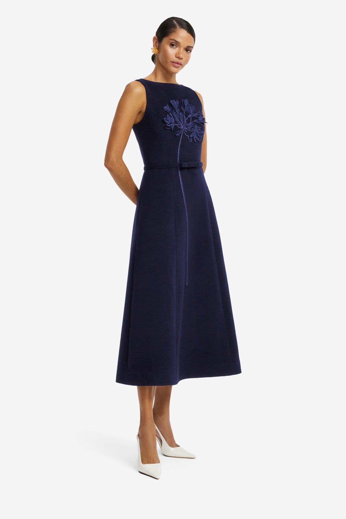 Cleo Applique Wool Sleeveless Midi Dress - Midnight