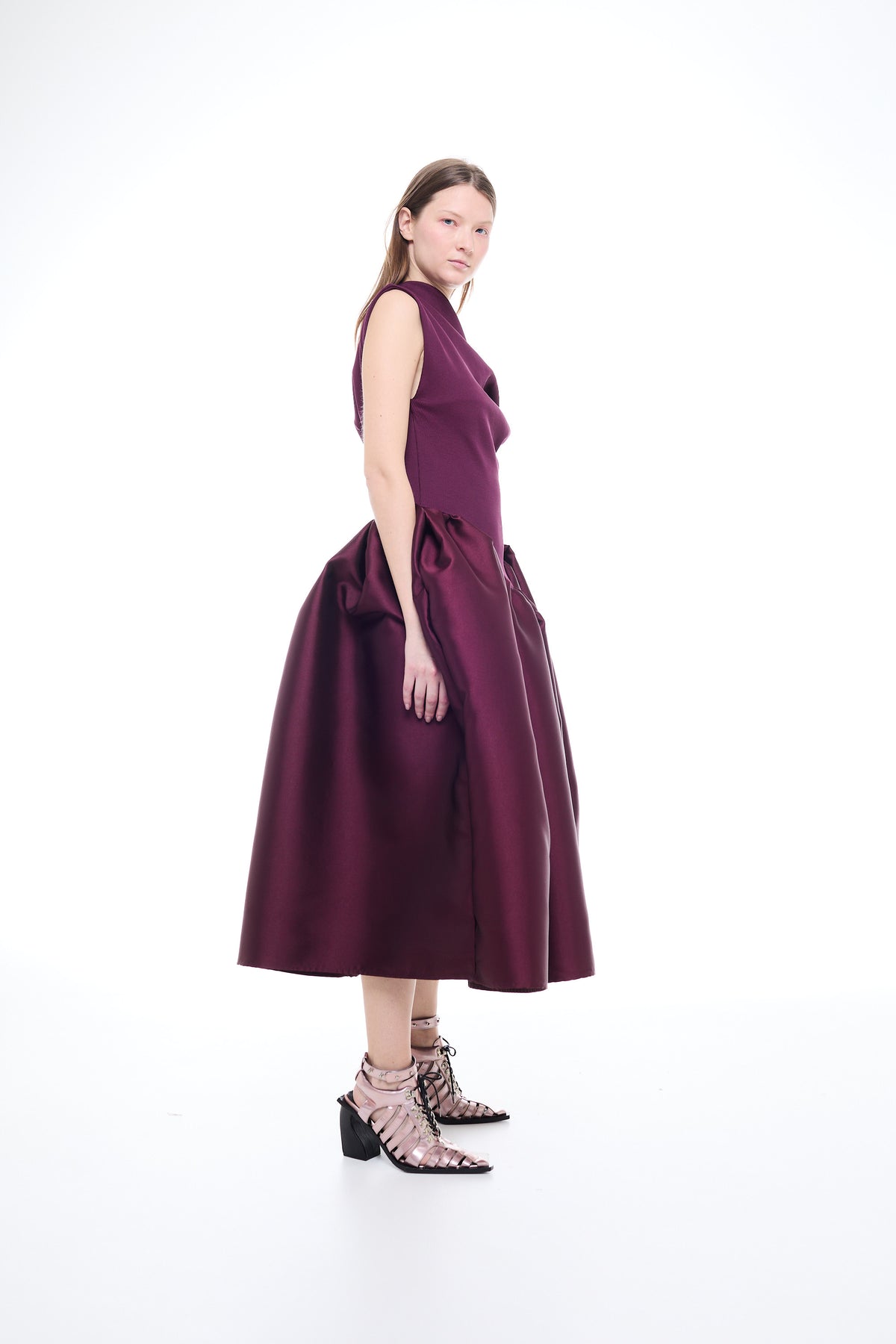 HEAVY SATIN OFF SHOULDER PRINCESS MIDI DRESS