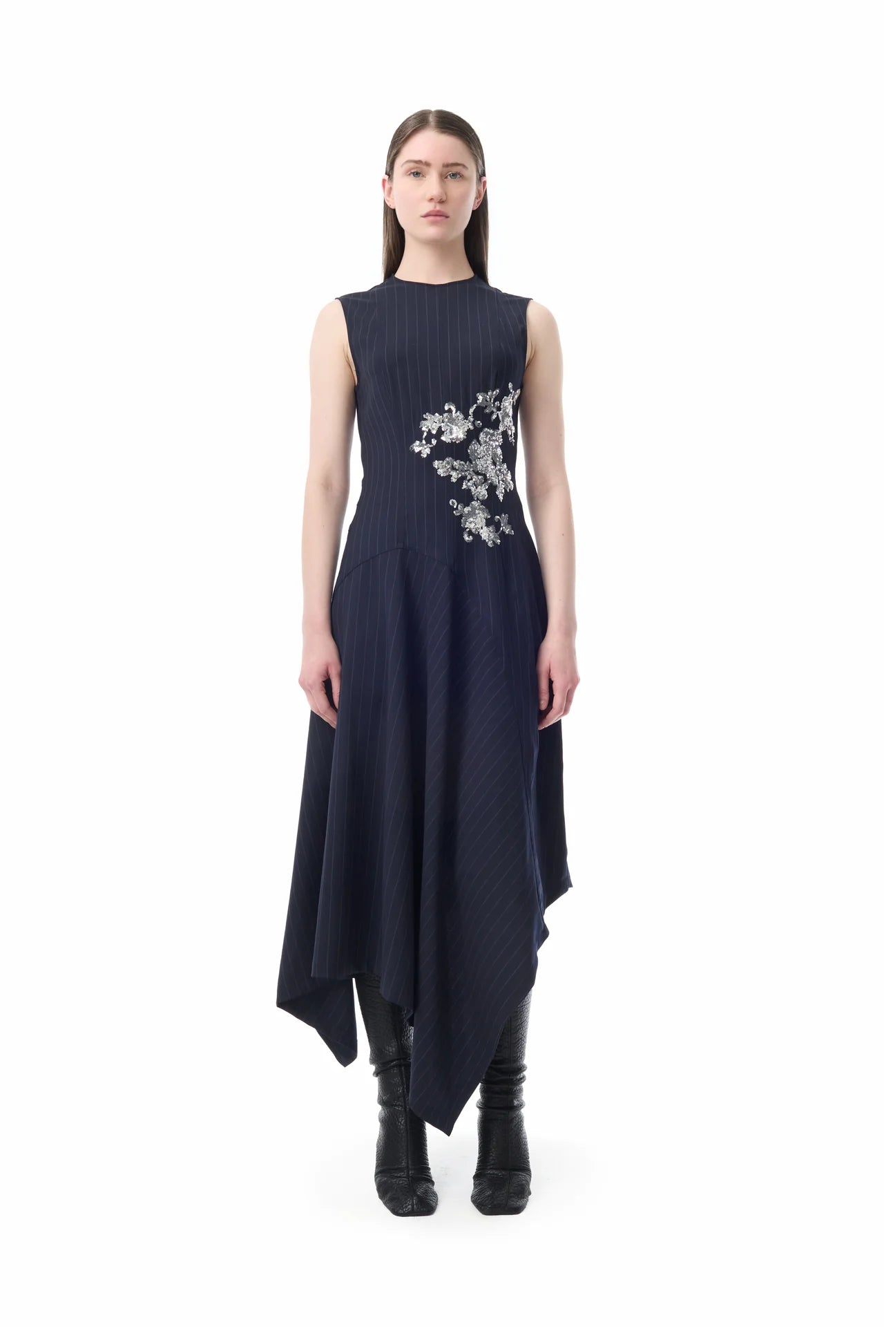 Marques' Almeida Navy Pinstripe Dress w/ Embroidery