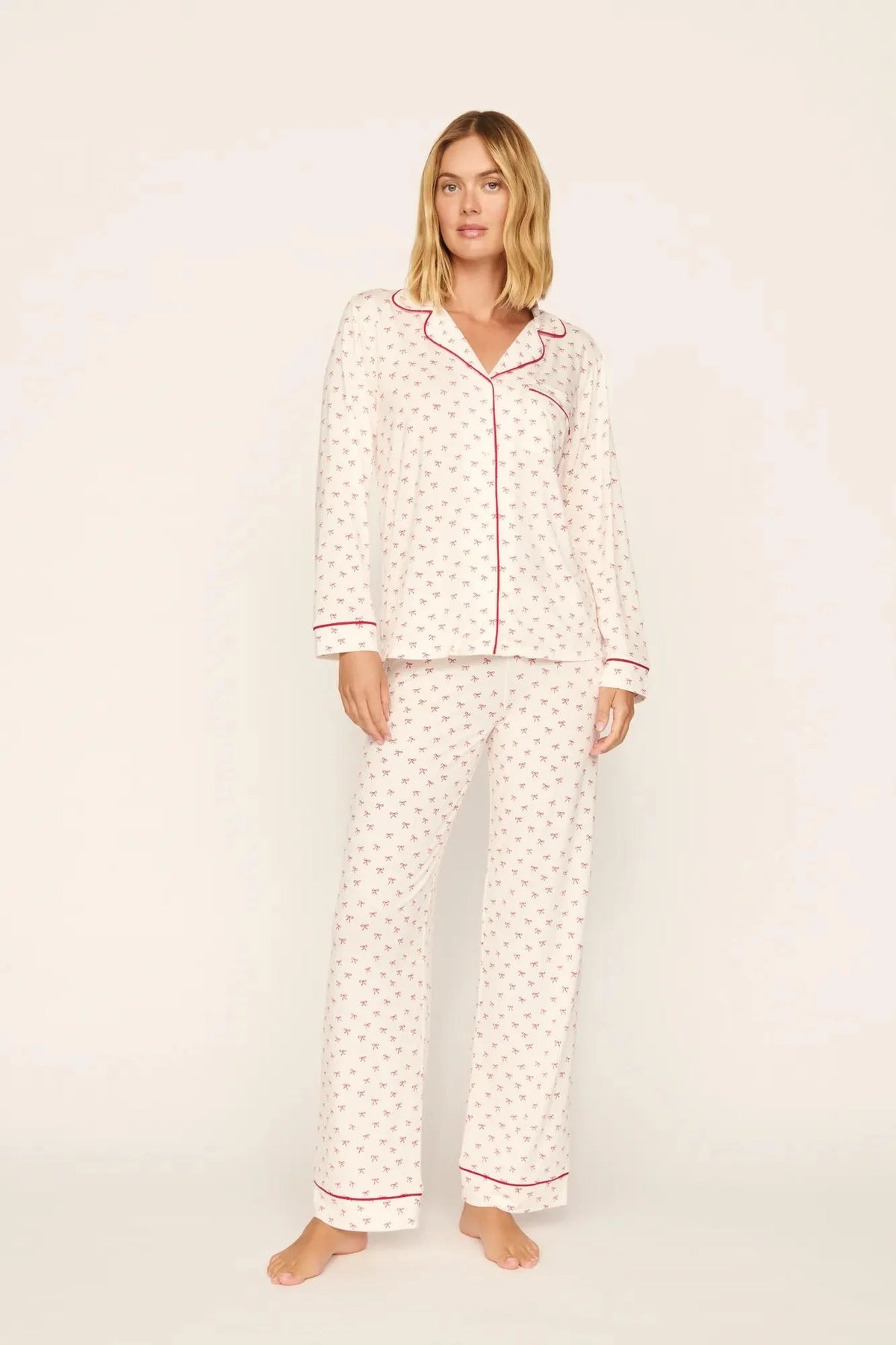 Eberjey Gisele Printed Long PJ Set - Mini Bow Ivory/ Holly Red