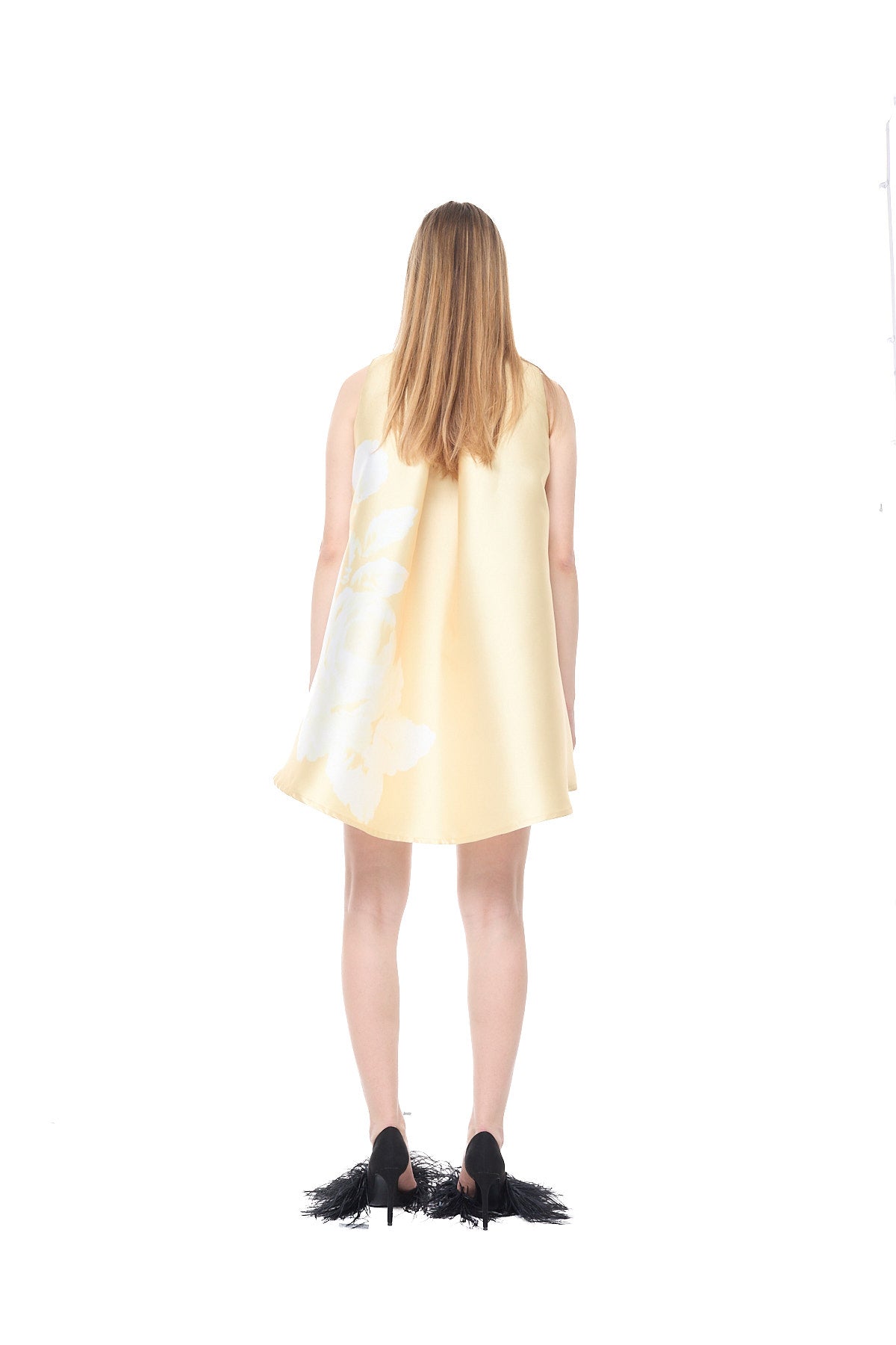 PRINTED HEAVY SATIN A-LINE FLOWERS DRESS