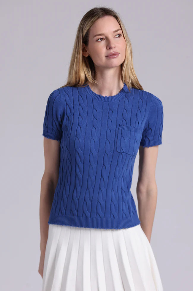 Minnie Rose Frayed Cable S/S Tee w/ Pocket - Cosmic Blue