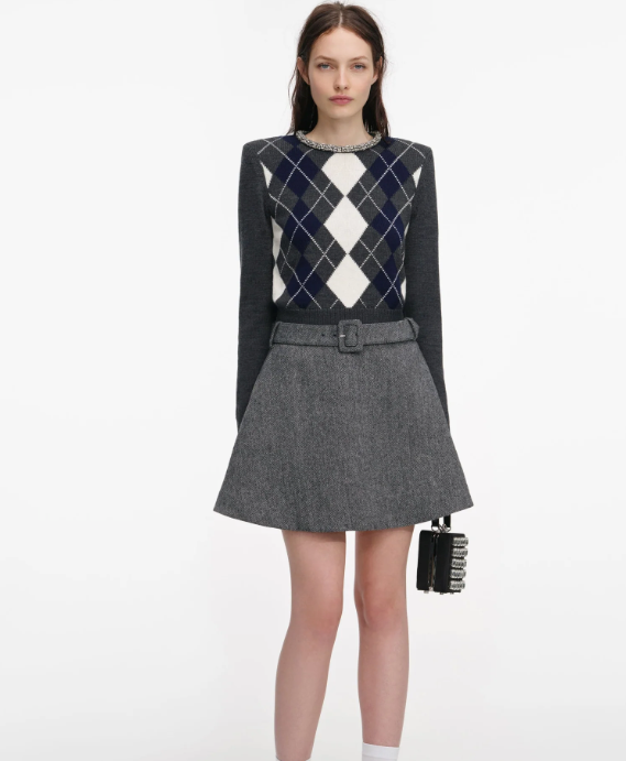 Self Portrait Grey Argyle Crystal Trim Jumper