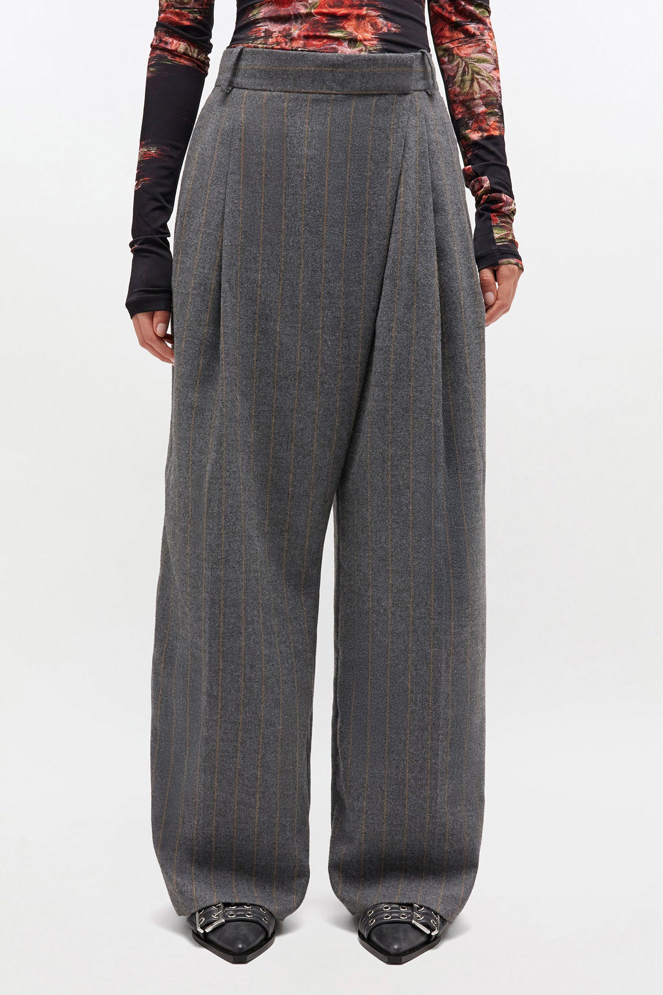 Ganni Grey Stripe Cross-over Pants