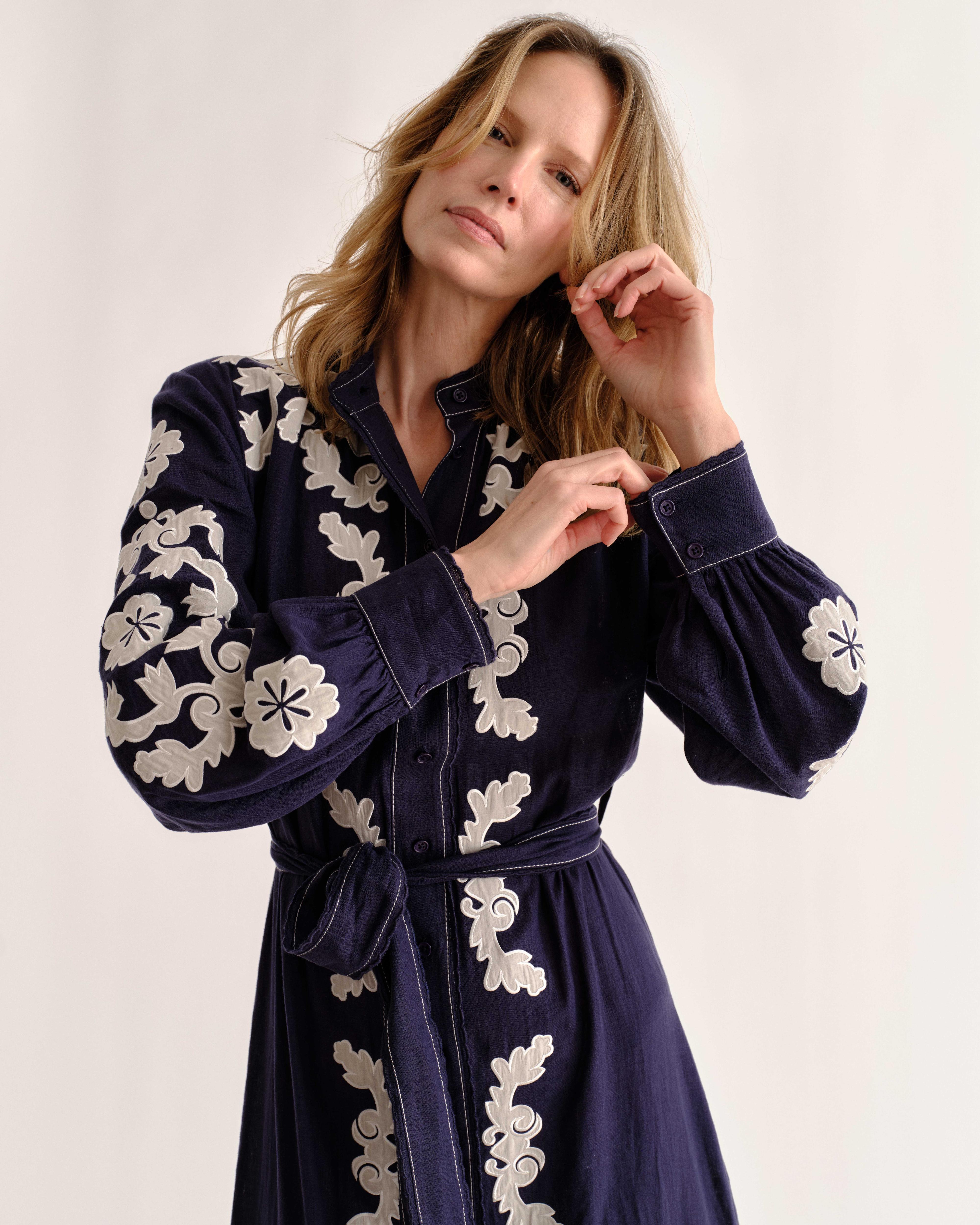 PF26 Ophelia Dress-Navy Prairie Floral Applique