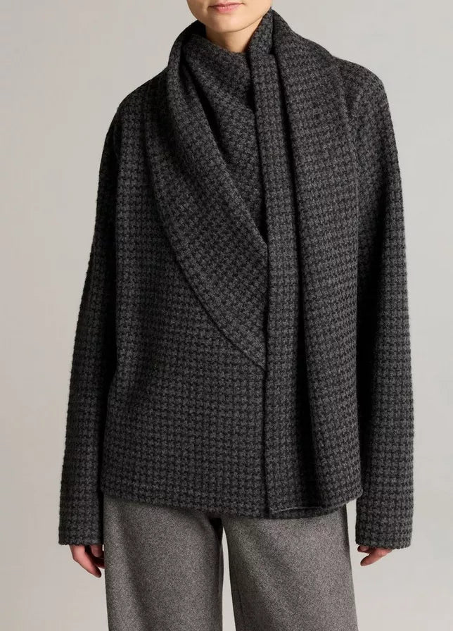 Vince Houndstooth Draped-Shawl Wool-Cashmere Sweater