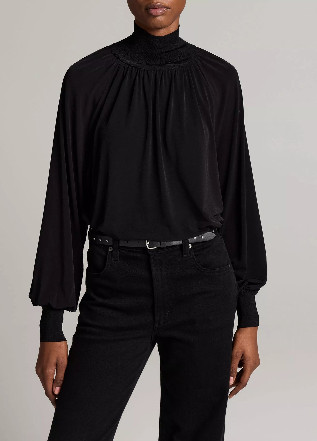 Vince Rib-Trim Gathered Long-Sleeve Turtleneck Top