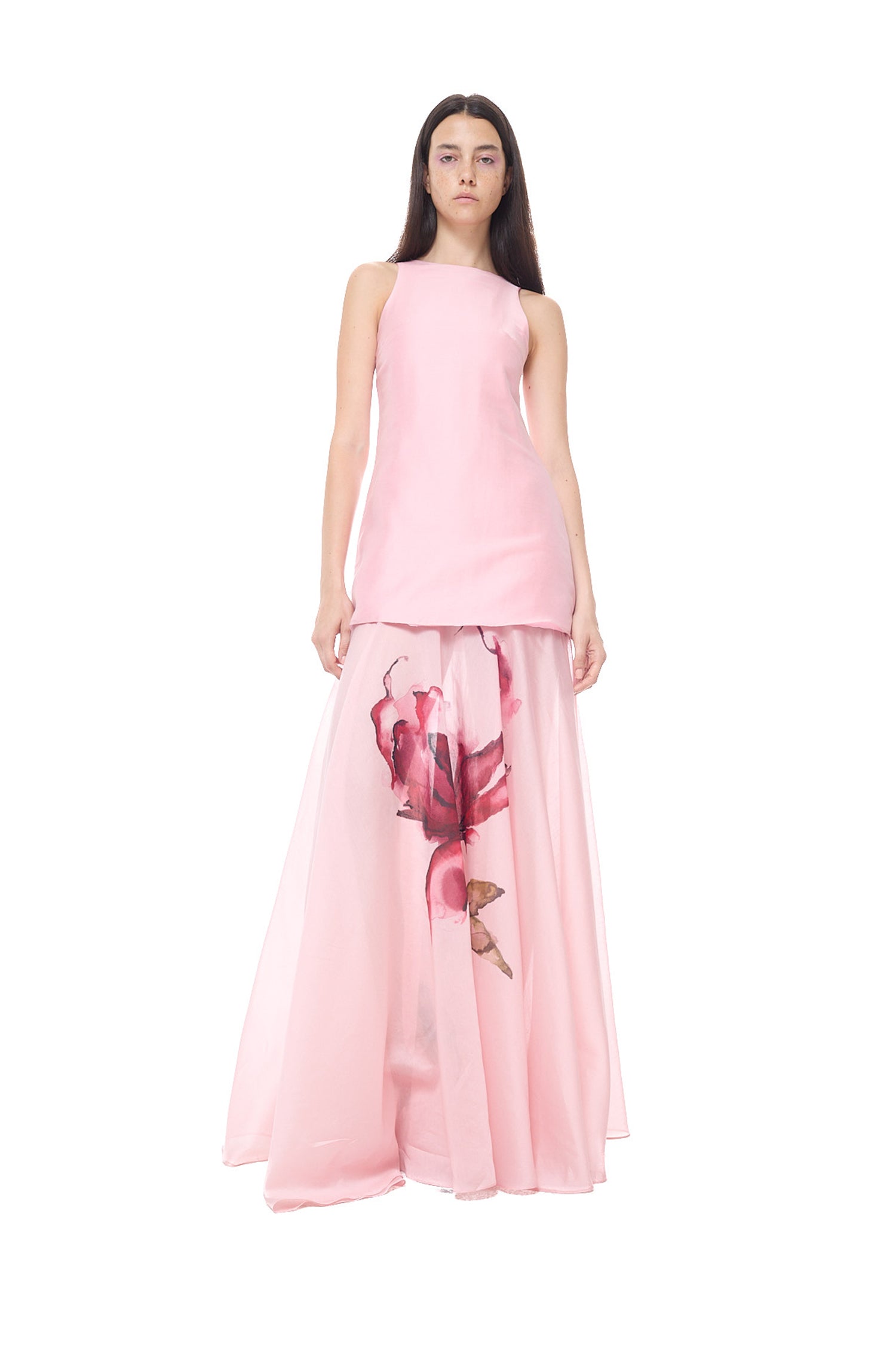 WATERCOLOR FLOWER PRINTED HALTER NECK LONG DRESS