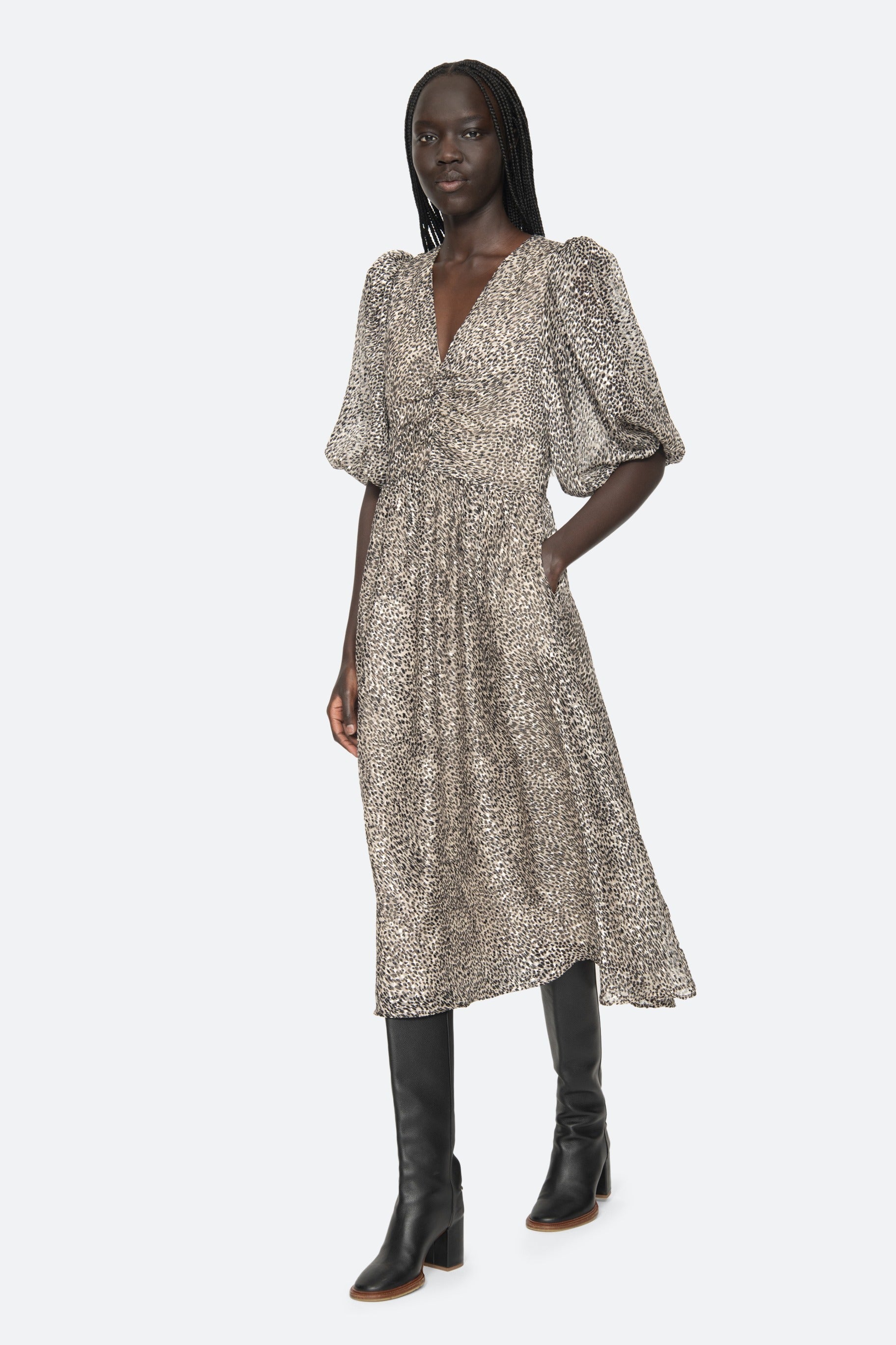 CHARLIZE PRINT RUCHED S/SLV DRESS (D2)