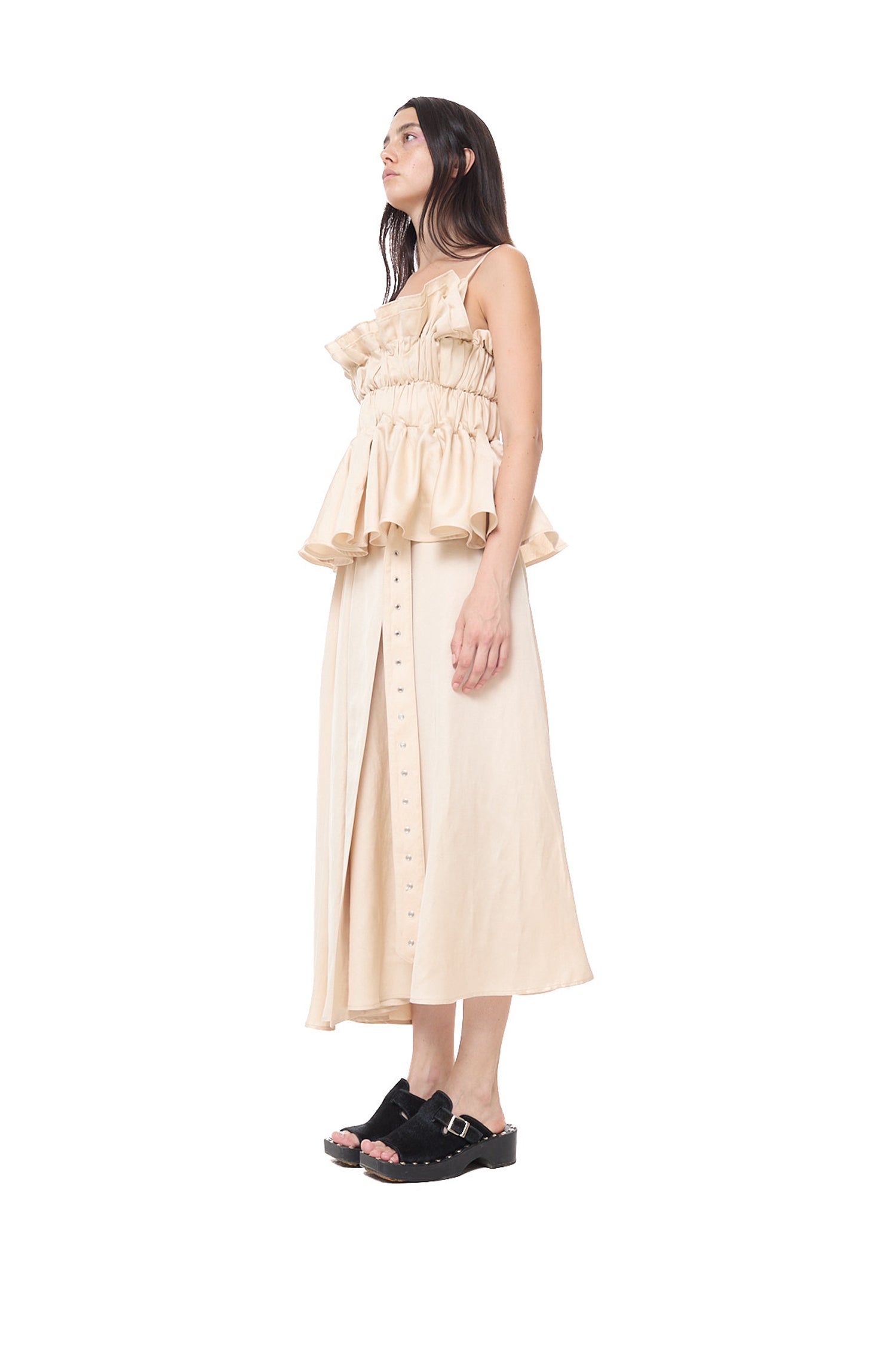 SATIN LINEN GATHERED WRAP MIDI SKIRT