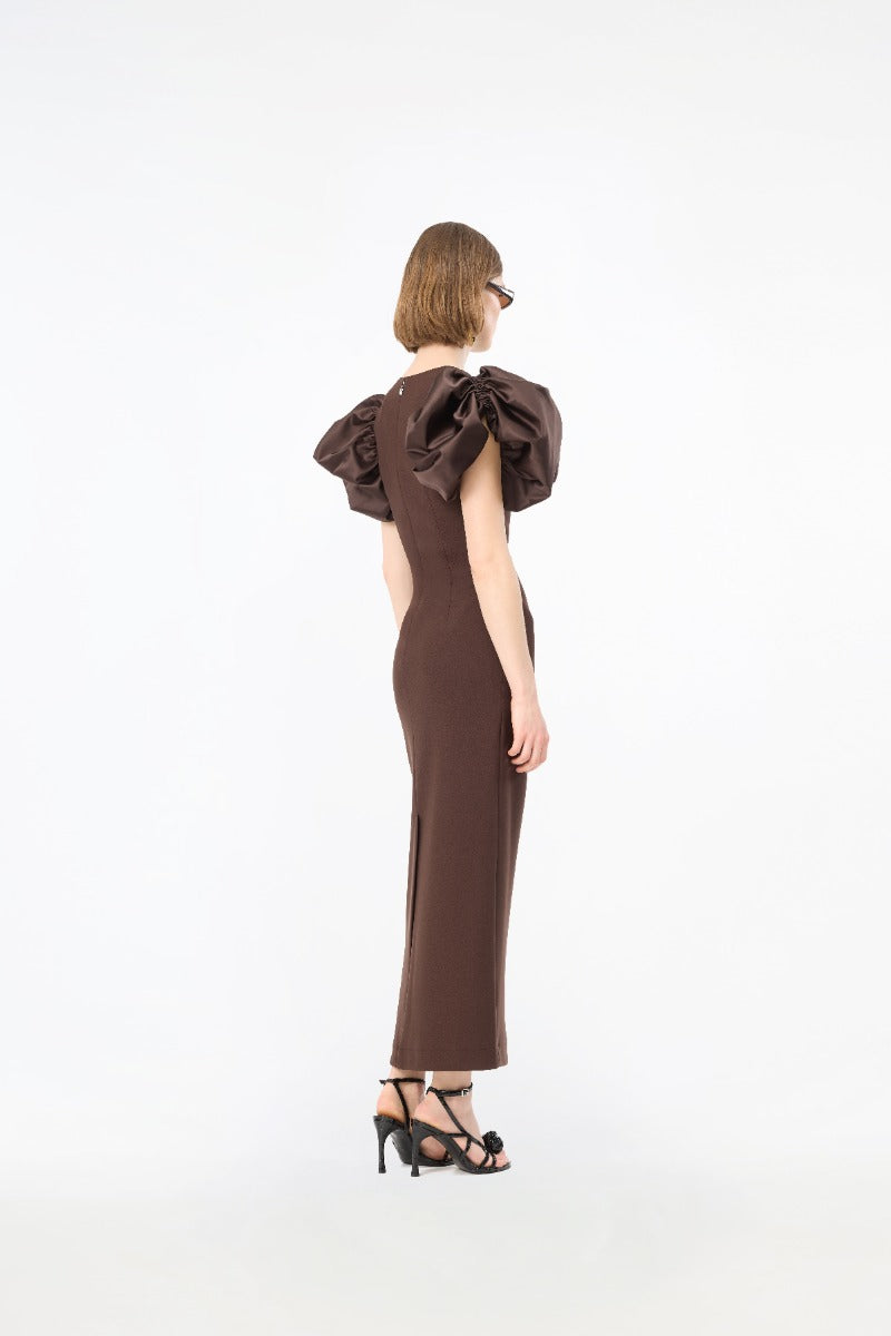 Rotate Draped Midi Puff Dress