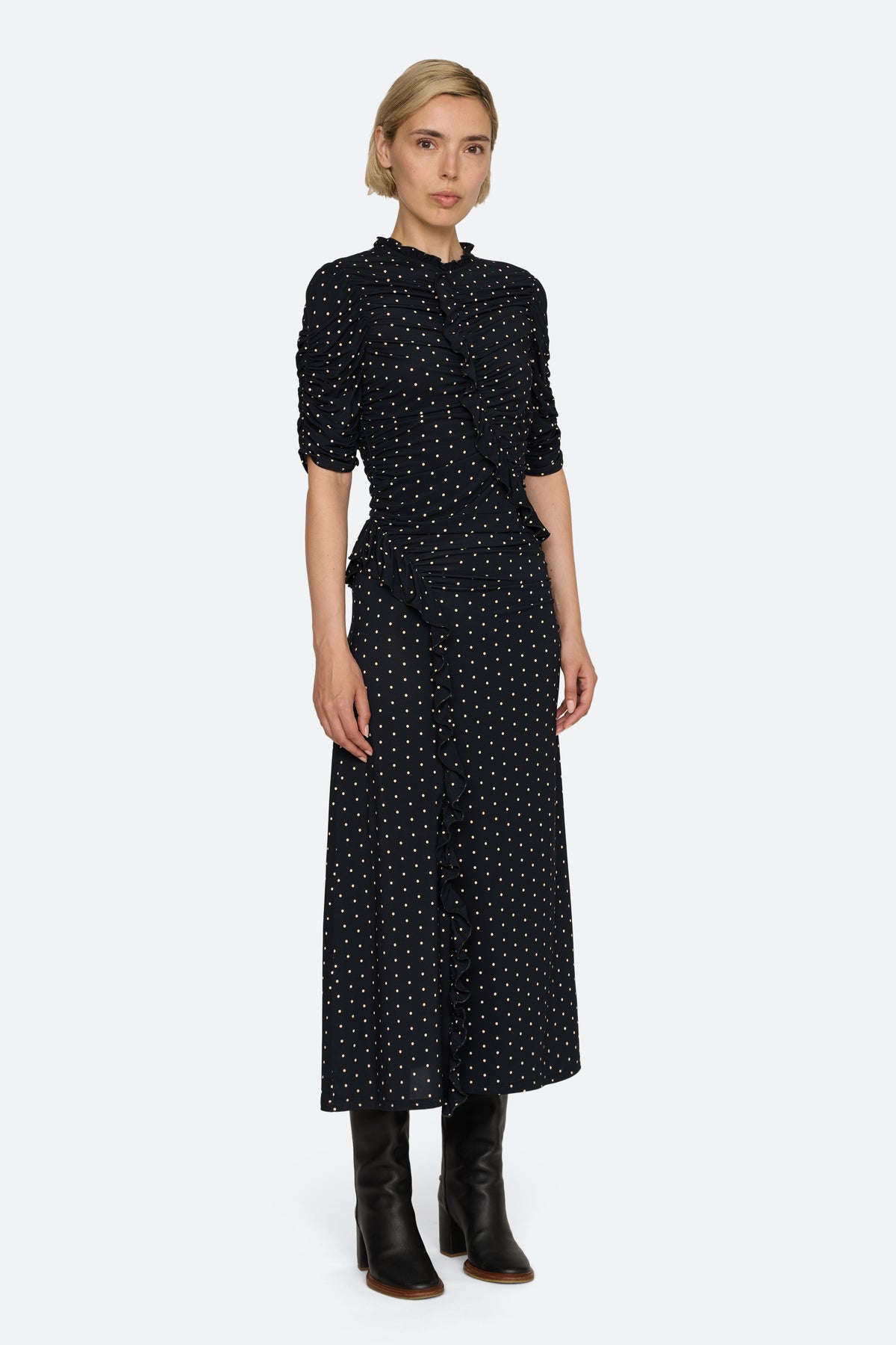 JEANNE POLKA DOT PRINT RUCHED MIDI DRESS (D1)