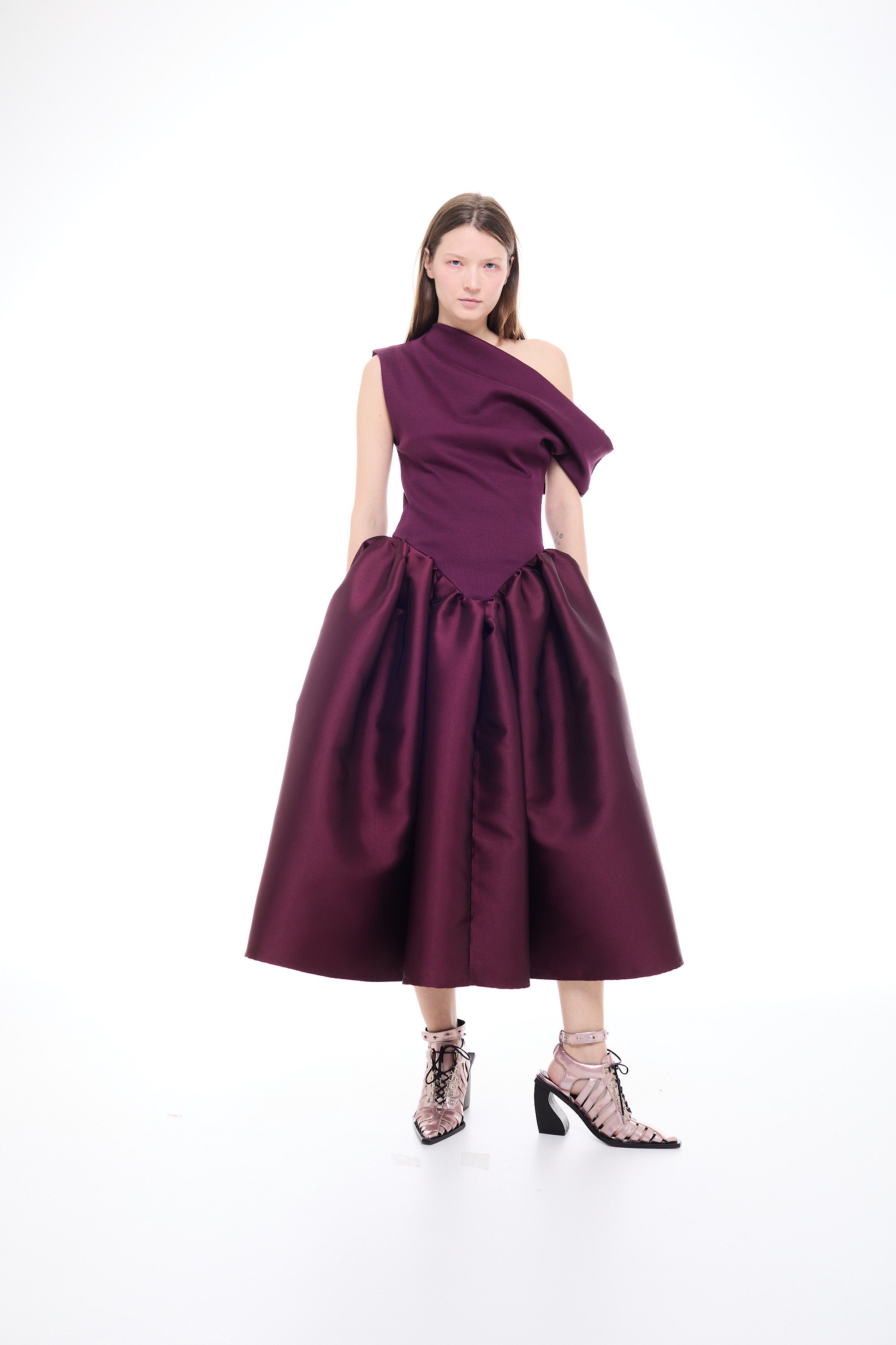 HEAVY SATIN OFF SHOULDER PRINCESS MIDI DRESS