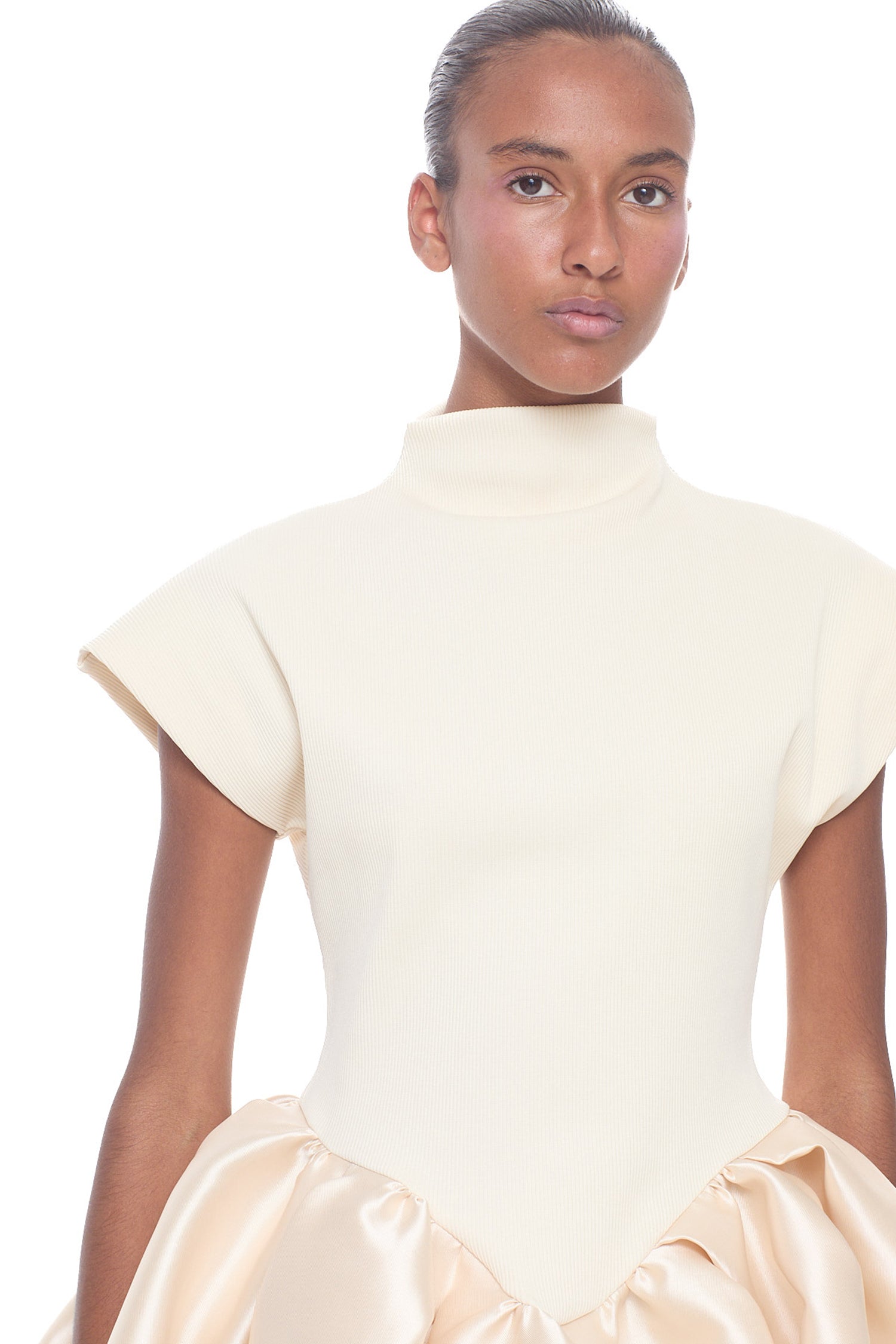 HEAVY SATIN CAP SLEEVE TOP WITH PEPLUM