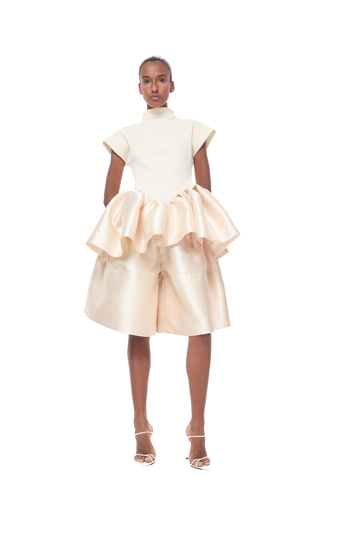 HEAVY SATIN CAP SLEEVE TOP WITH PEPLUM