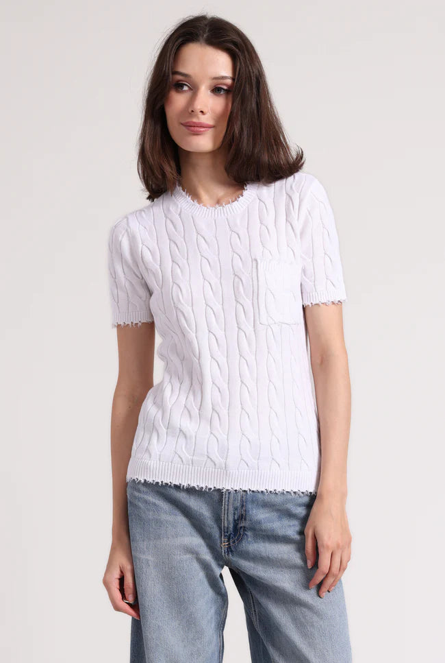 Minnie Rose Frayed Cable S/S Tee w/ Pocket - White
