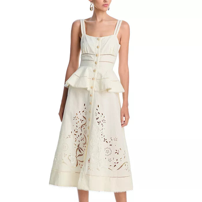 Self Portrait Linen Peplum Midi Dress