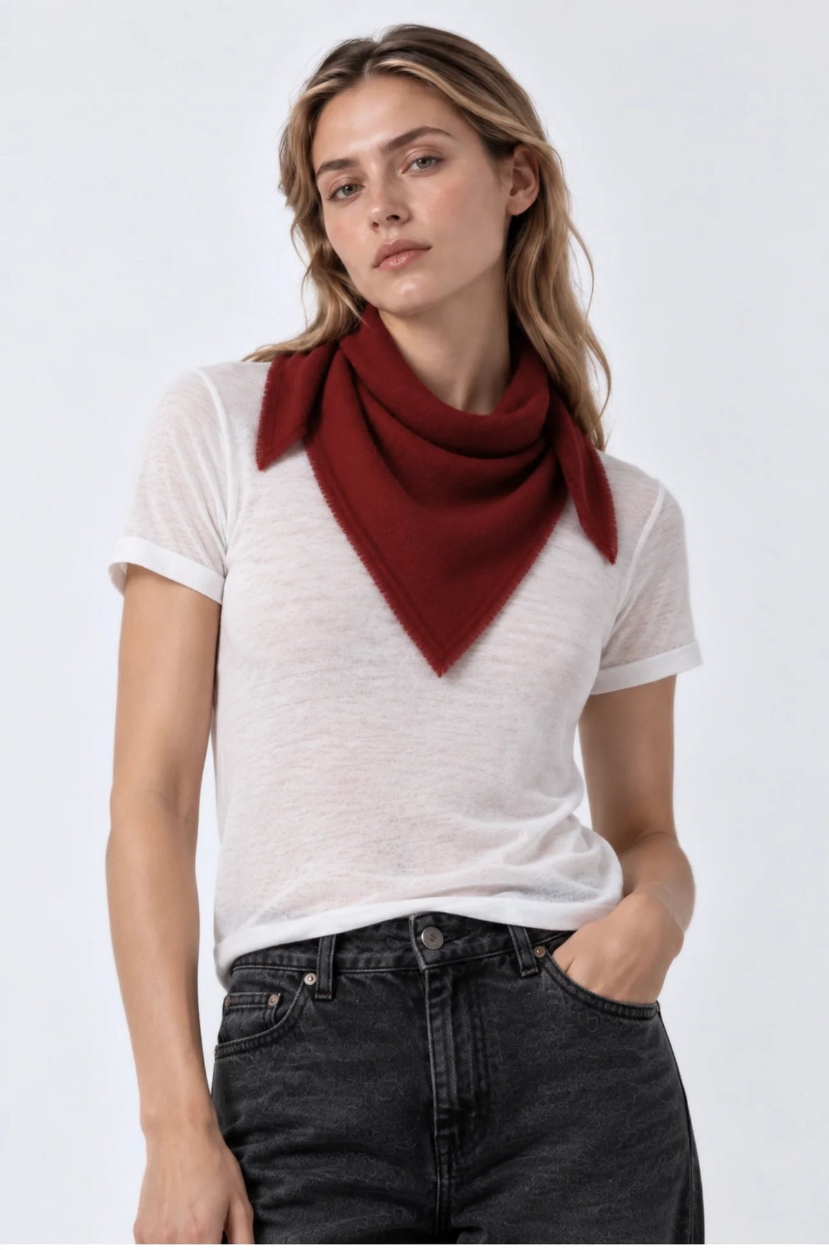 Minnie Rose Cashmere Neckerchief with Eyelash Fringe - Dark Cherry