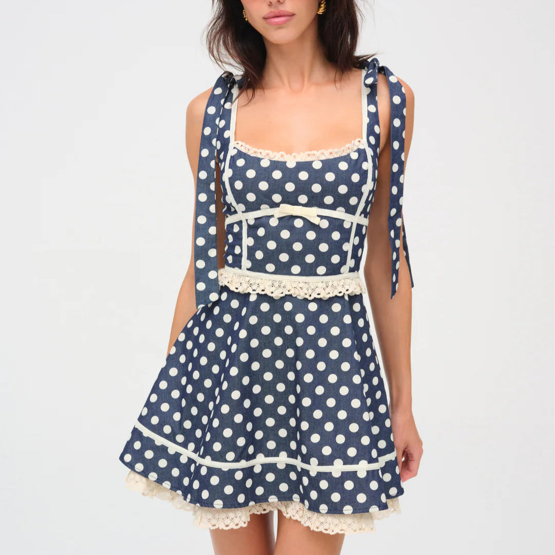 For Love & Lemons Dolly Denim Dot Mini Dress