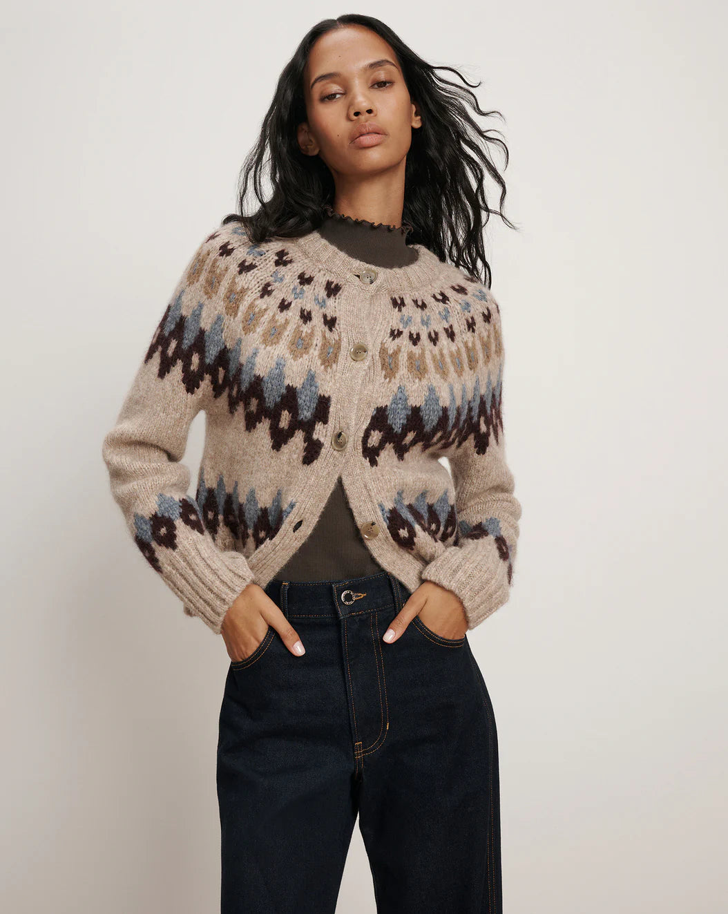 Veronica Beard Christina Fairisle Cardigan - Oatmeal