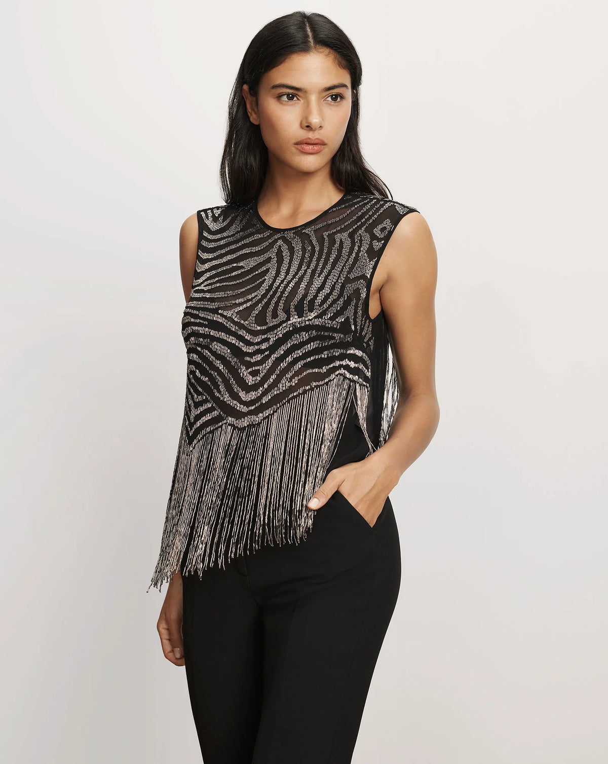 Veronica Beard Olivia Beaded Fringe Top
