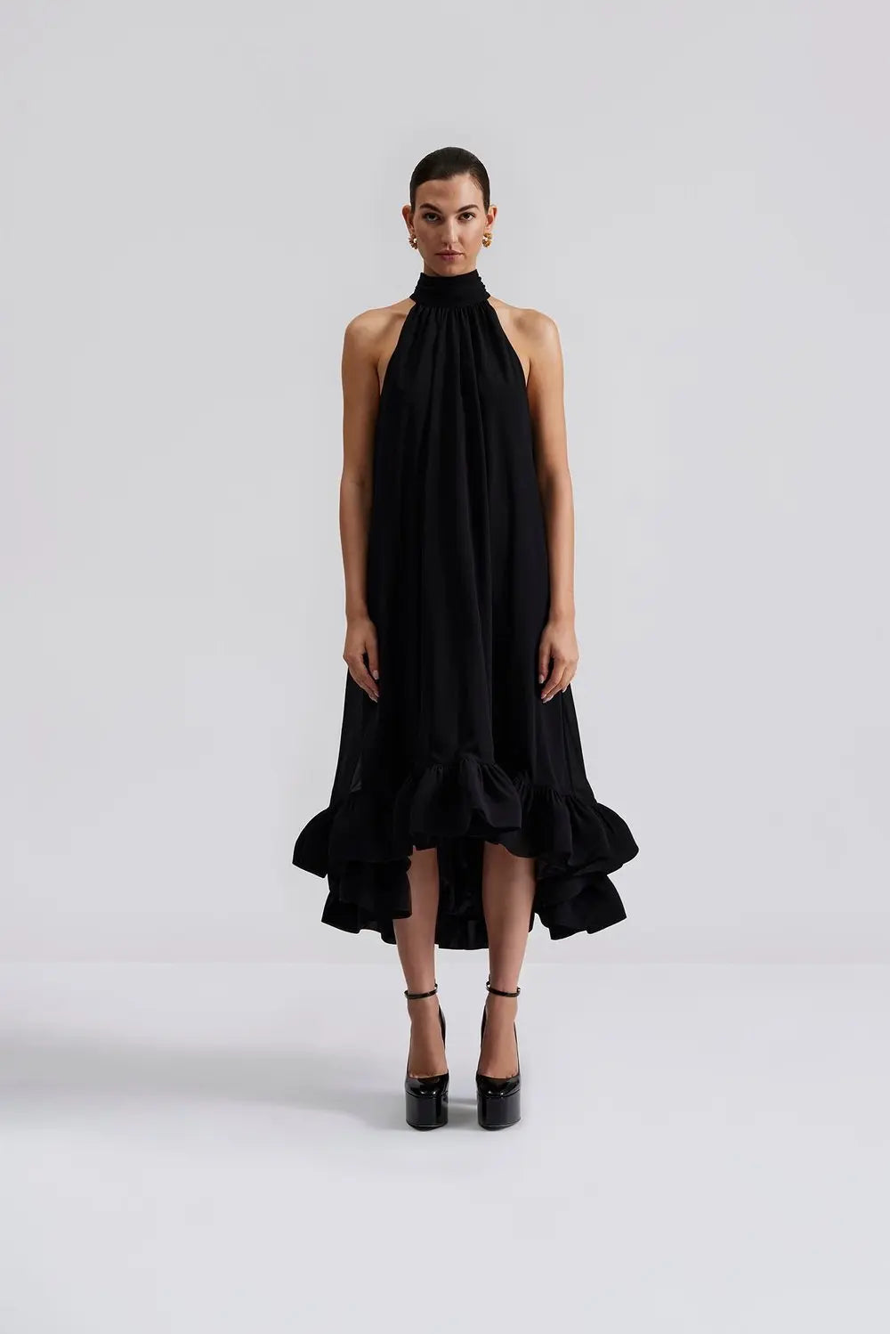Malina Sabrina Halterneck Ruffled Midi Dress