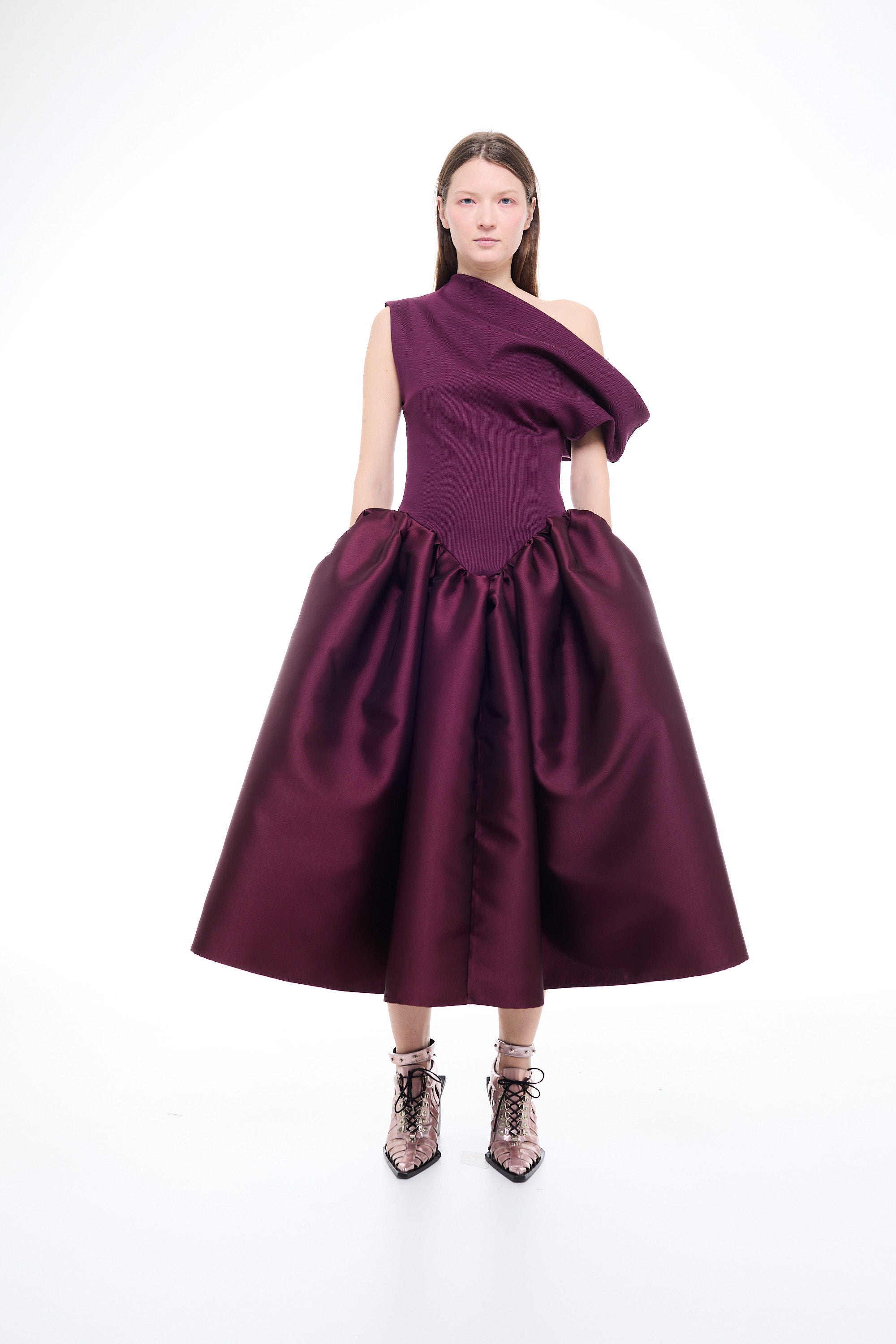 HEAVY SATIN OFF SHOULDER PRINCESS MIDI DRESS