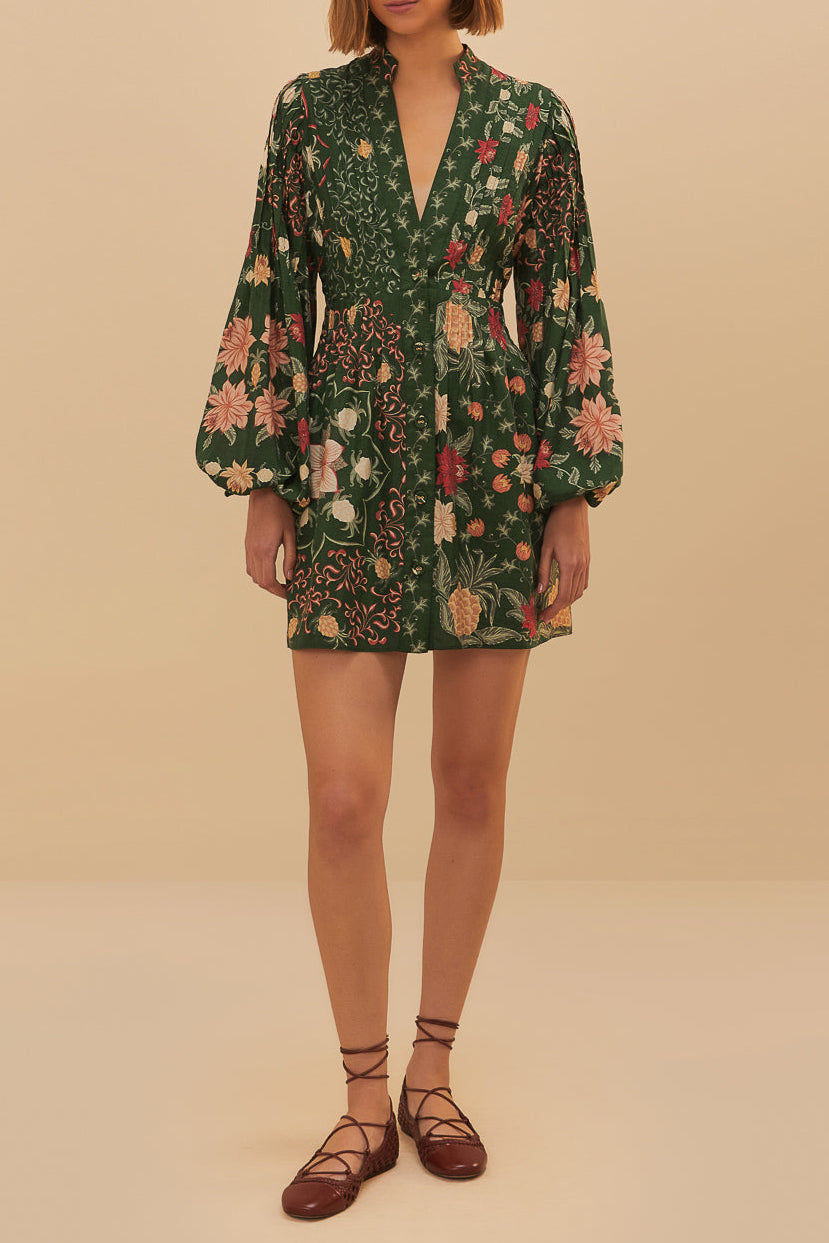 Farm Rio Pineapple Garden Green L/S Mini Dress