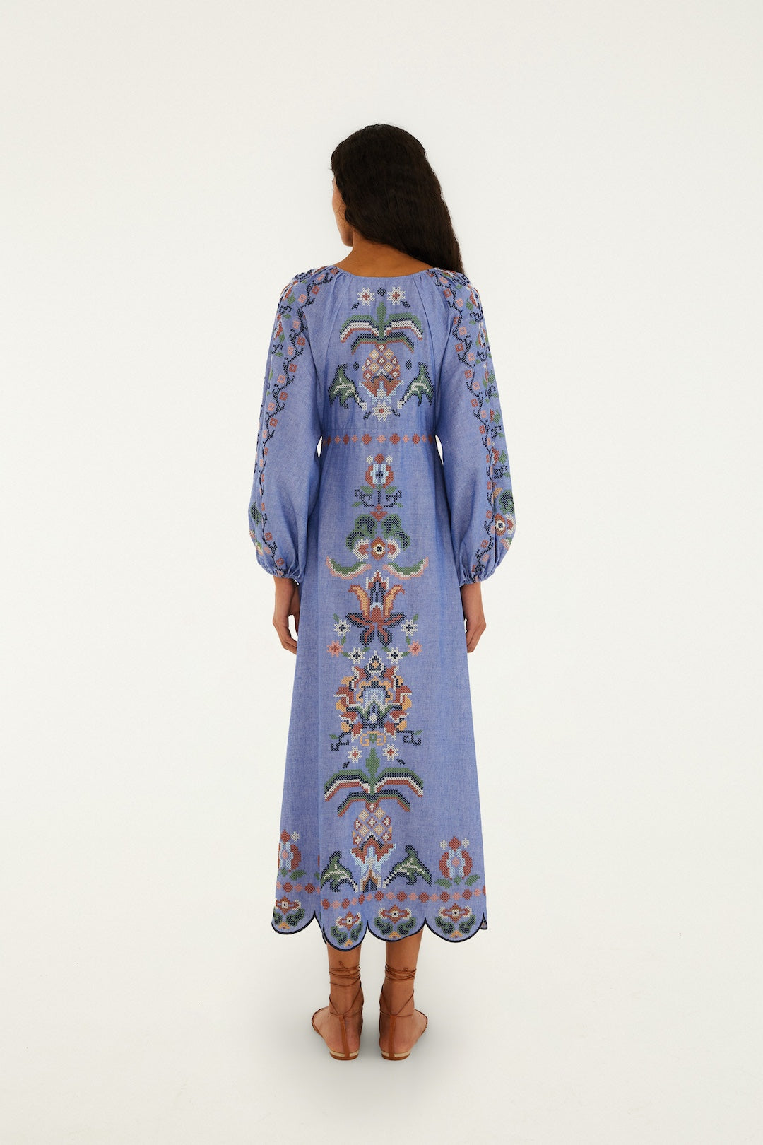 GARDEN TAPESTRY BLUE EMBROIDERY LONG SLEEVE MIDI D