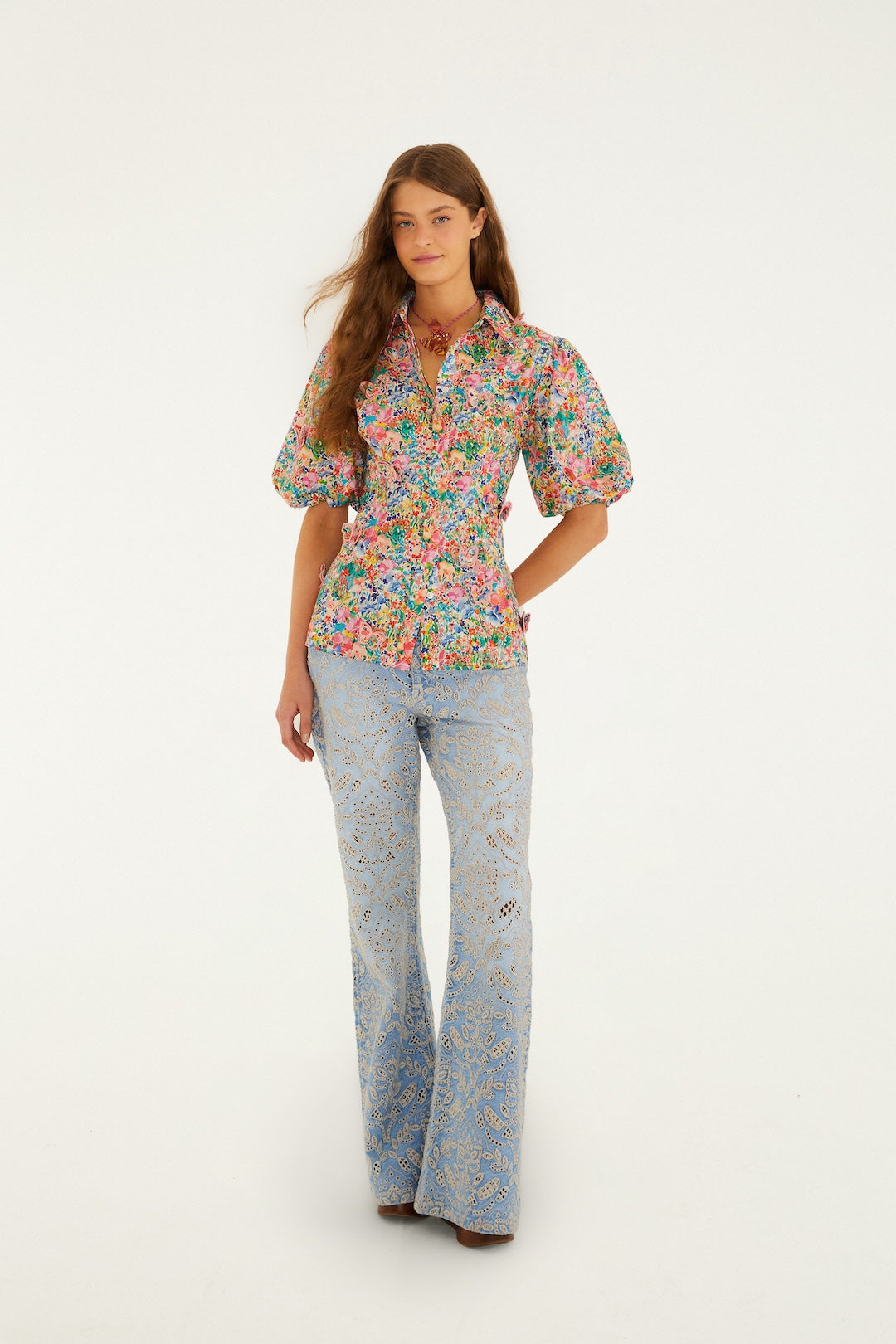 PEASANT FLORAL OFF-WHITE BUTTERFLIES BLOUSE